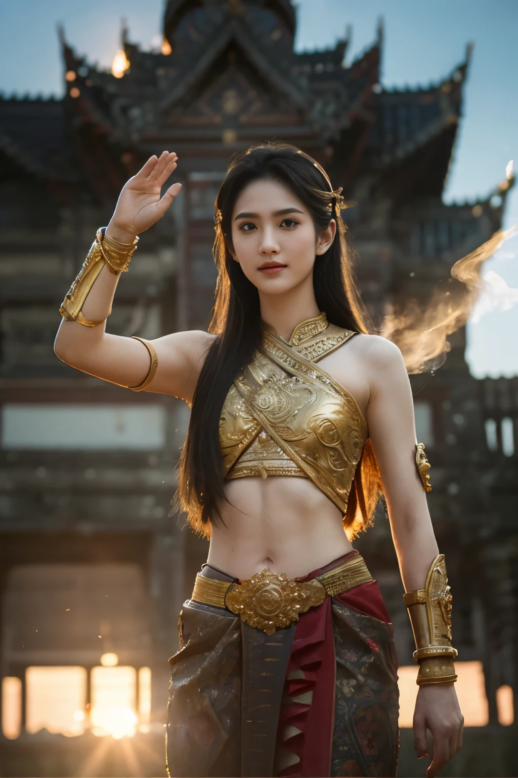 beautiful girl,knees up alone on the battlefield,smoke, thai armor, Long hair,black eyes,abdominal muscles,proportional body,Morning sunshine,(eyes looking the camera:1.2),civilize of a thai building,(raise her hands),