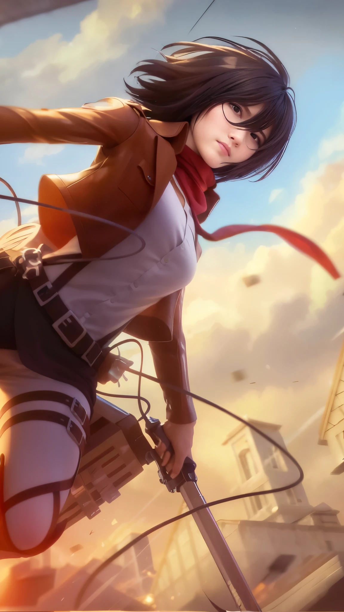 (8k, best quality, masterpiece:1.2), (realistic, photo-realistic:1.37), ultra-detailed, 1 girl, cute, solo, beautiful detailed sky, detailed cafe, night, sitting, dating, (nose blush), (smile:1.15), (closed mouth) small breasts, beautiful detailed eyes, (collared shirt:1.1), night, wet, business attire, rain, white lace, (short hair:1.2), floating hair NovaFrogStyle, cute face, Mikasa, Masterpiece, Best quality, A high resolution, Short hair, Black eyes, Scarf, emblem, belt, thigh band, Red scarf, White pants, Brown jacket, Long sleeves, holding weapon, sword, dual wielding, Three-dimensional electric gear, Arms spread wide, standing on one leg, Wide shot, sky, Highest quality, high resolution.