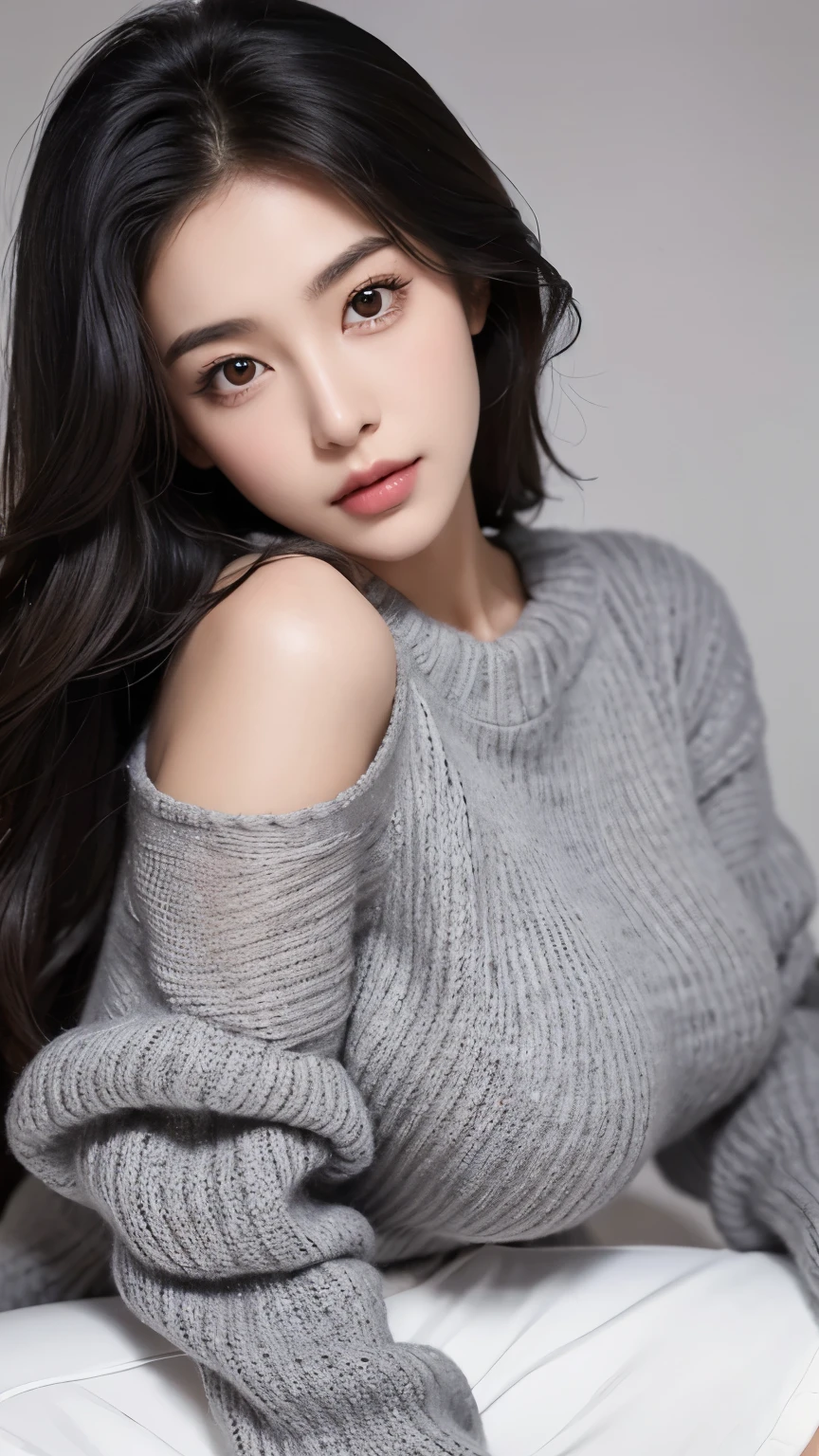 1girl,big breast, black hair, brown eyes,high quality, ultra detailed, masterpiece, realistic, gray sweater