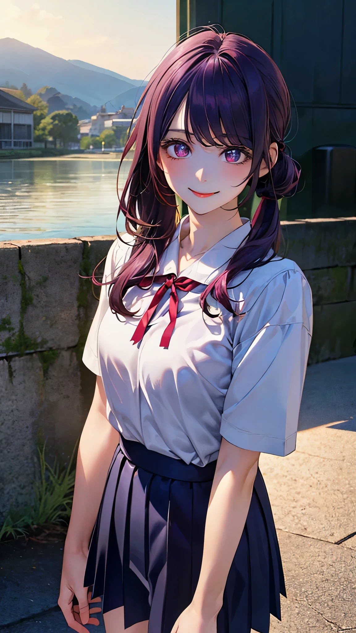 (masterpiece:1.2, top-quality), (realistic, photorealistic:1.4), beautiful illustration, (natural side lighting, movie lighting), 
looking at viewer, 1 girl, japanese, junior high school girl, 12 years old, perfect face, cute and symmetrical face, shiny skin, 
(long hair, side ponytail, purple hair), swept bangs, purple eyes, big eyes, long eye lasher, (medium breasts:0.7), 
beautiful hair, beautiful face, beautiful detailed eyes, beautiful clavicle, beautiful body, beautiful chests, beautiful thigh, beautiful legs, beautiful fingers, 
((detailed cloth texture, short sleeve collared white shirt, navy pleated skirt, red neck ribbon)), 
(beautiful scenery), evening, (school), standing, peace sign, tongue out, (cute, lovely smile, upper eyes),