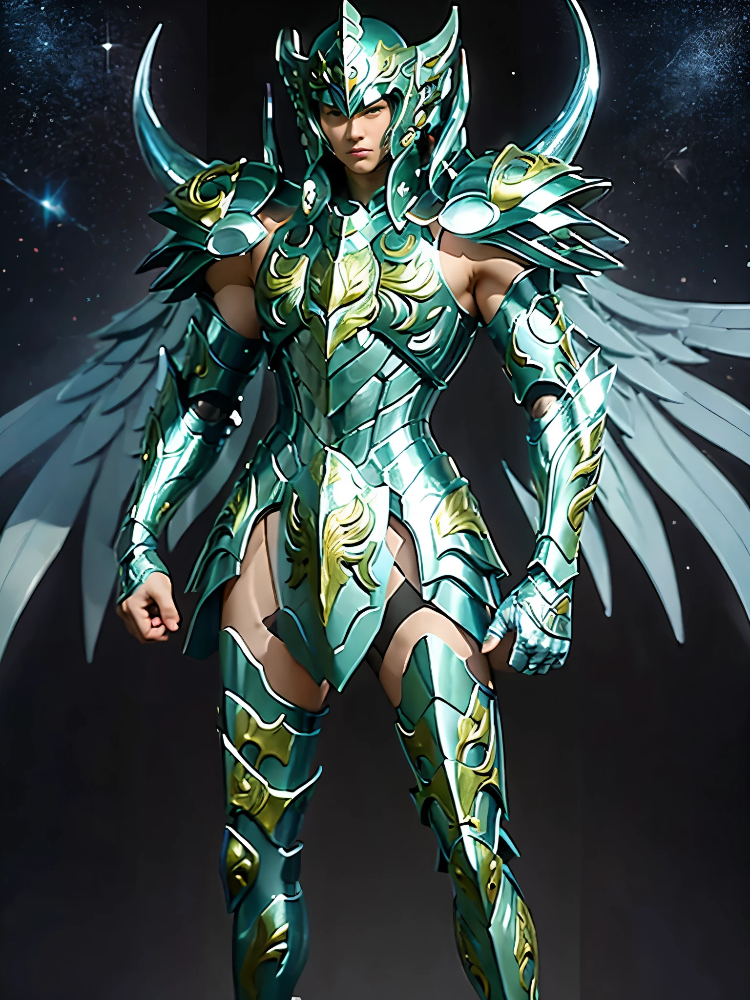 Ultra-high saturation, (tmasterpiece), full body photo, (best quality), (1 handsome man), starry sky background, Wearing shiny gold armor, armor type armor shows details of your muscles, showing the belt, showing the armor thigh protector, cool pose, Saint Seiya Armor, messy hair, high detail, Anime style, Cinematic lighting, Glitter, god light, Ray traching, filmgrain, hyper HD, skin texture, super detail, Anatomically correct, High resolution, Saturation ultra-high, High contrast, High-shiny green armor, Smooth skin, Serious expression