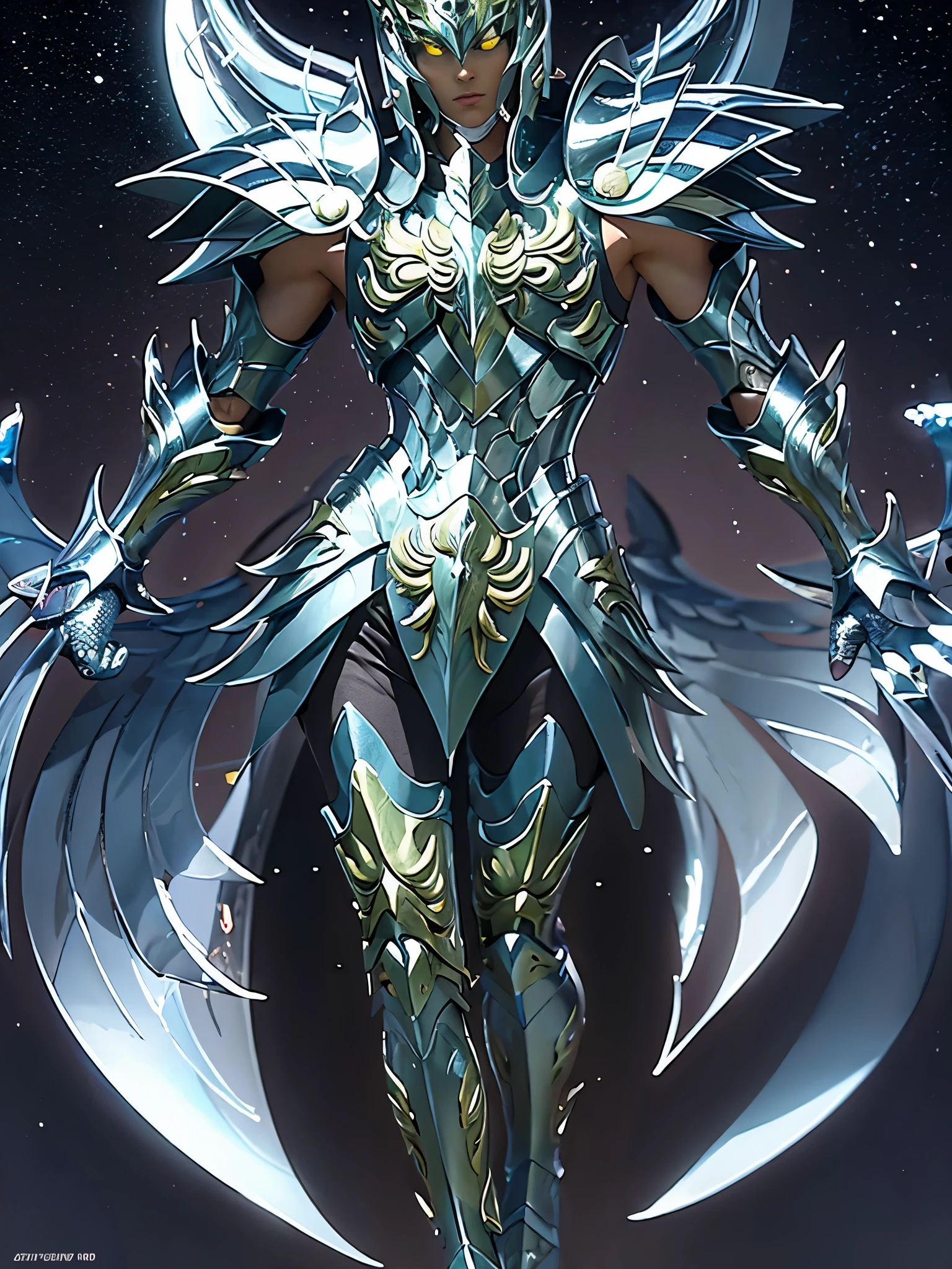 Ultra-high saturation, (tmasterpiece), full body photo, (best quality), (1 handsome man), starry sky background, Wearing shiny gold armor, armor type armor shows details of your muscles, showing the belt, showing the armor thigh protector, cool pose, Saint Seiya Armor, messy hair, high detail, Anime style, Cinematic lighting, Glitter, god light, Ray traching, filmgrain, hyper HD, skin texture, super detail, Anatomically correct, High resolution, Saturation ultra-high, High contrast, High-shiny green armor, Smooth skin, Serious expression