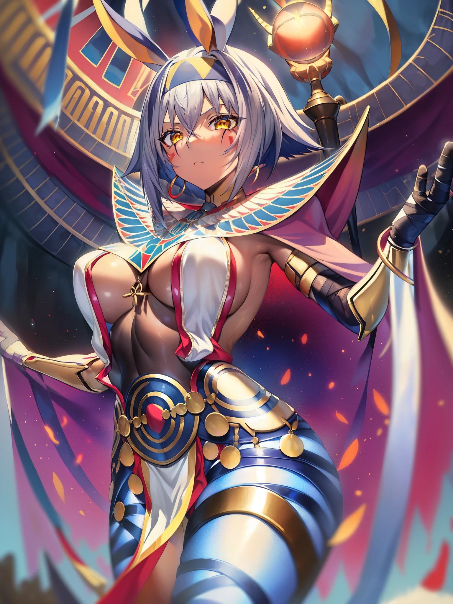 (masterpiece、highest quality:1.2)、Nitocris Alter、fgo、(stage 2、Luminous legs、bandage:1.4)、Colossal breasts mature woman、Colossal breasts mature woman、Colossal breasts mature woman、Egyptian、dark skinned woman、Egyptianの服、yellow eyes、bangs、short hair、gray hair、jackel ears、facial pattern、