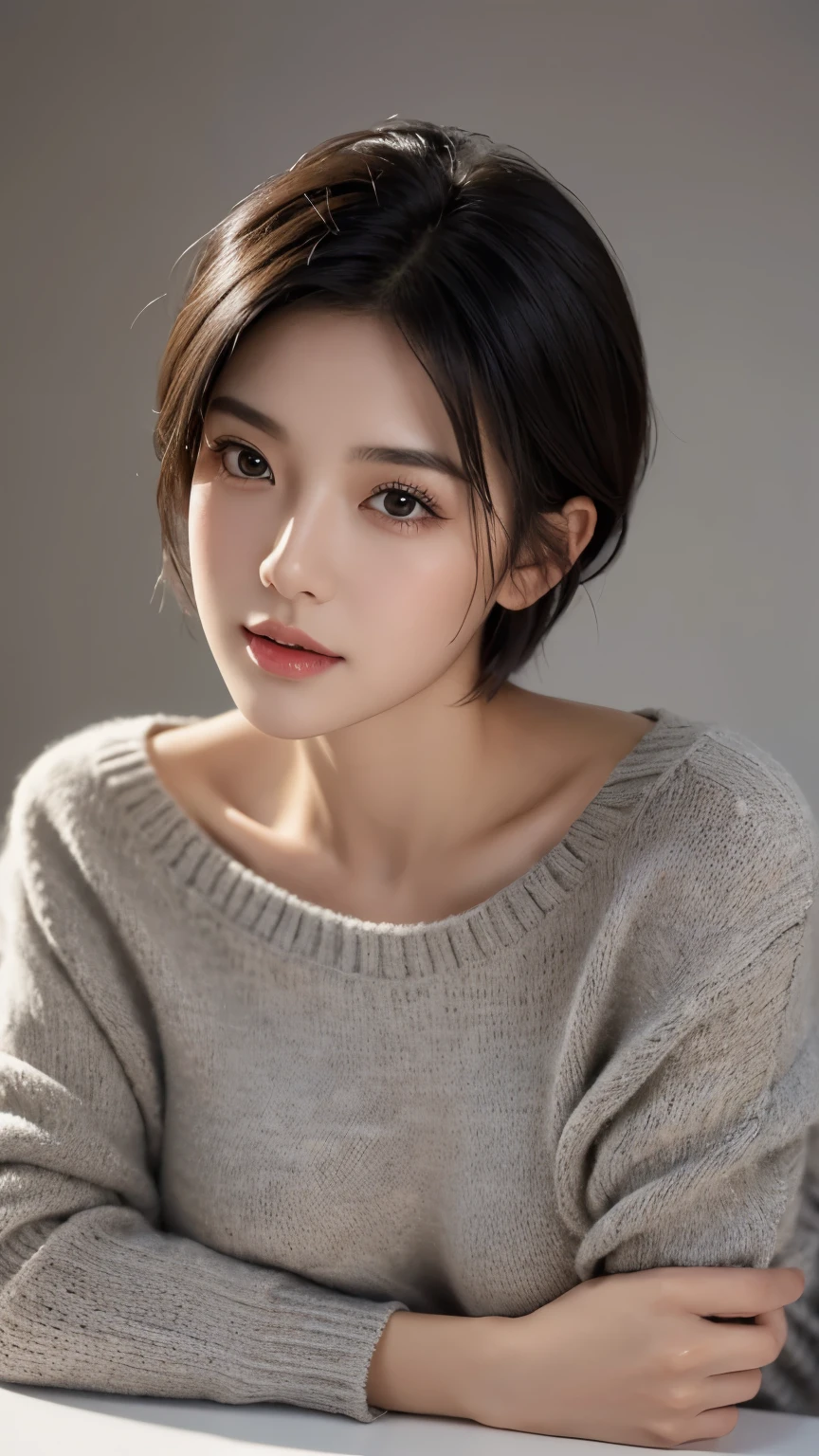 1girl,big breast, black hair, brown eyes,high quality, ultra detailed, masterpiece, realistic, gray sweater , short hair
