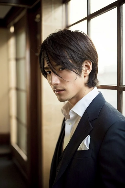 ((highest quality)), ((masterpiece)), (be familiar with), perfect face,View from the window,man in his 30s,Businessman,anime style,amazingly natural,suit figure,hair length a little long,,Stylish atmosphere
