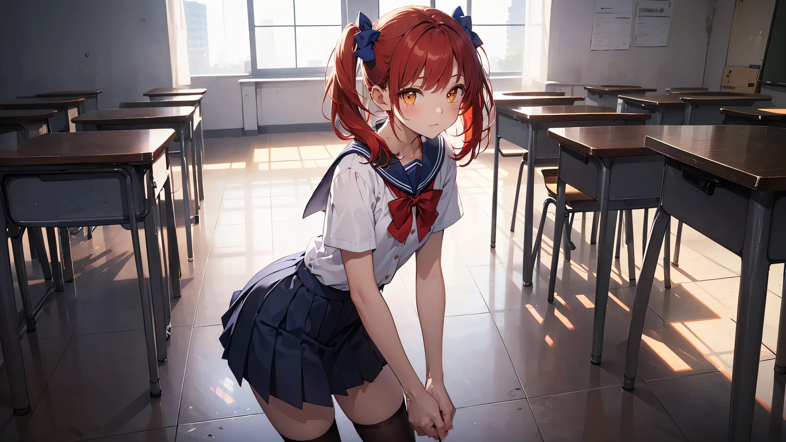 ((Calidad superior, ultra detallado, high resolution, CG extremadamente detallado, fondo de pantalla de unidad 8k, por artista famoso, perfect anatomy, super detailed skin, cinematic lighting, HD, retina, anatomically correct, 1080P)), (Por favor, draw a single happy girl walking in a school classroom. :1.3), ((1 chica)), (Solo, rostro,13歳:2.0), un estudiante de secundaria, Androgynous Amulet, (pelo medio, ((pelo rojo completo)) ((pelirrojo)), coletas, flequillo recto, with a little bow in her hair) Extremidades completas, dedos completos, ((Dedos perfectos)), pecho plano, Cuerpo , Small rear, ingle, Hermosos ojos llenos de oro amarillo detallados., ojos perfectos, uniforme escolar marinero blanco y azul ((la blusa es blanca, la falda es azul, lazo rojo en la blusa, Cuello marinero azul, mangas cortas:)) (Detailed lighting), (antecedentes detallados), (en la zona escolar), vista de cuerpo completo, de pie, piernas, zapatos uwabaki. lindo, chica soltera kawaii (una chica), Toma de cuerpo completo. El fondo es la escuela., cuerpo delantero, I want to see her walking and see her in a vista de cuerpo completo, Medias negras hasta la rodilla, ((thin piernas)), ((Flaco)) (cuerpo de 13歳)).