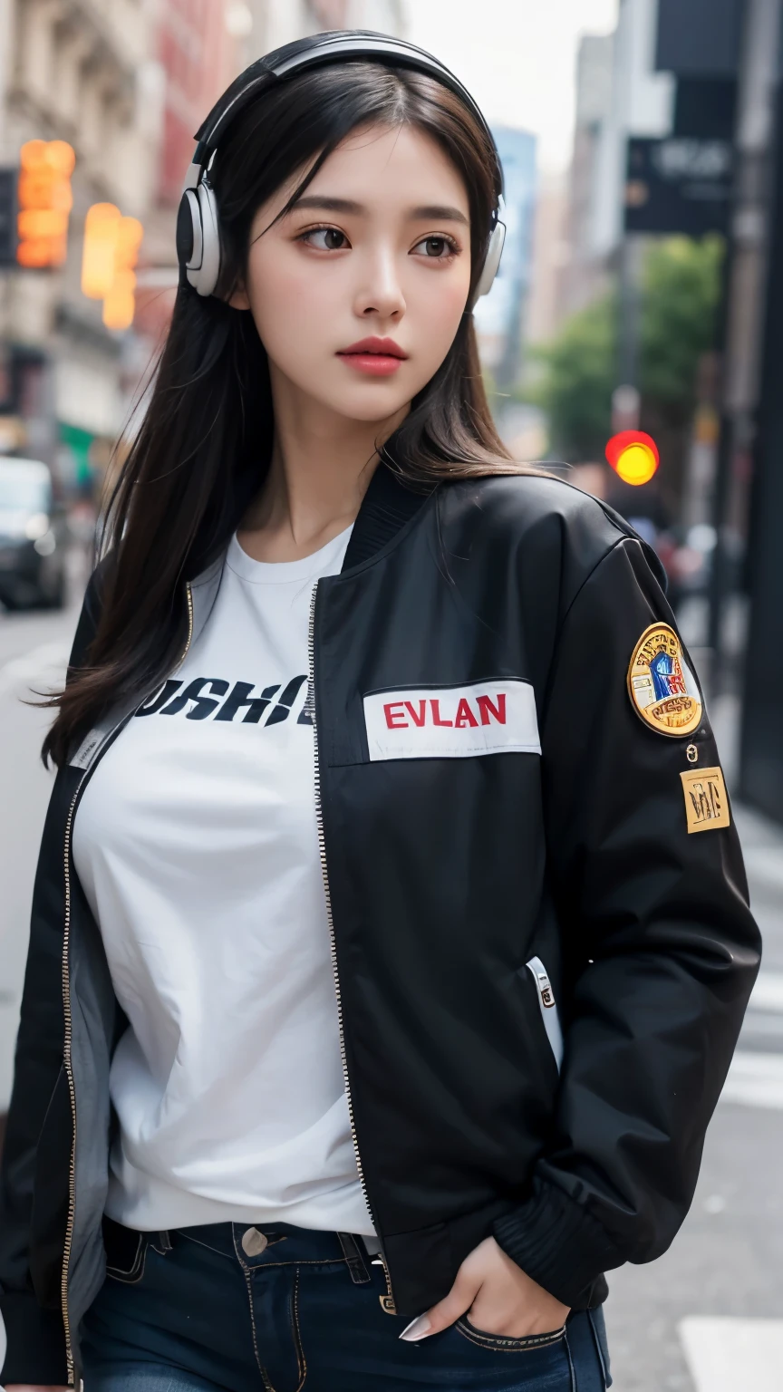 1girl,big breast, black hair, brown eyes,high quality, ultra detailed, masterpiece, realistic, casual jacket, headphones 