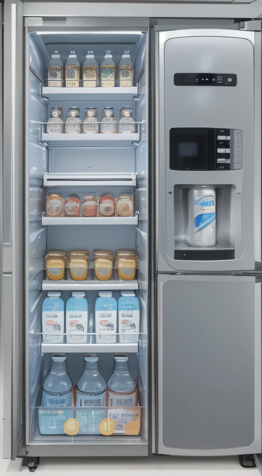 Office smart refrigerator,Appearance silvery white,Ice maker on the outside door of the refrigerator,The refrigerator has a very large capacity,Six door refrigerator,There is a light blue light on the top of the refrigerator,Dedicated storage areas available internally for employees,There is also a touch screen outside the refrigerator,Please increase the refrigerator capacity,Suitable for twenty or thirty people,More fashionable appearance,Please divide internal functions by color,creativity,Internal partition with beverage area,food storage area,where medicines are stored,Interior material is a mix of metal and plastic,Requires a lunch box storage module,Beauty module,Drug storage module,Soft interior lighting,The whole refrigerator has no black edges,Refrigerator with exquisite details,Human-computer compatible,Only for rich people,Rich office uses,Multifunctional luxury ice machine,Modular design,product design,Modern design,Public food and beverage storage requires in-door viewing。Refrigerator appearance 4 doors,One of the doors houses an ice maker,The other door is transparent,A variety of beverage choices are reflected inside,The remaining two doors are ordinary door panels。abstract design,Breaking the ordinary refrigerator specifications,Magnificent office use,Meet all needs,MUJI style,On one screen,I need to see the door on the ice maker door and the area where the lunch box is placed