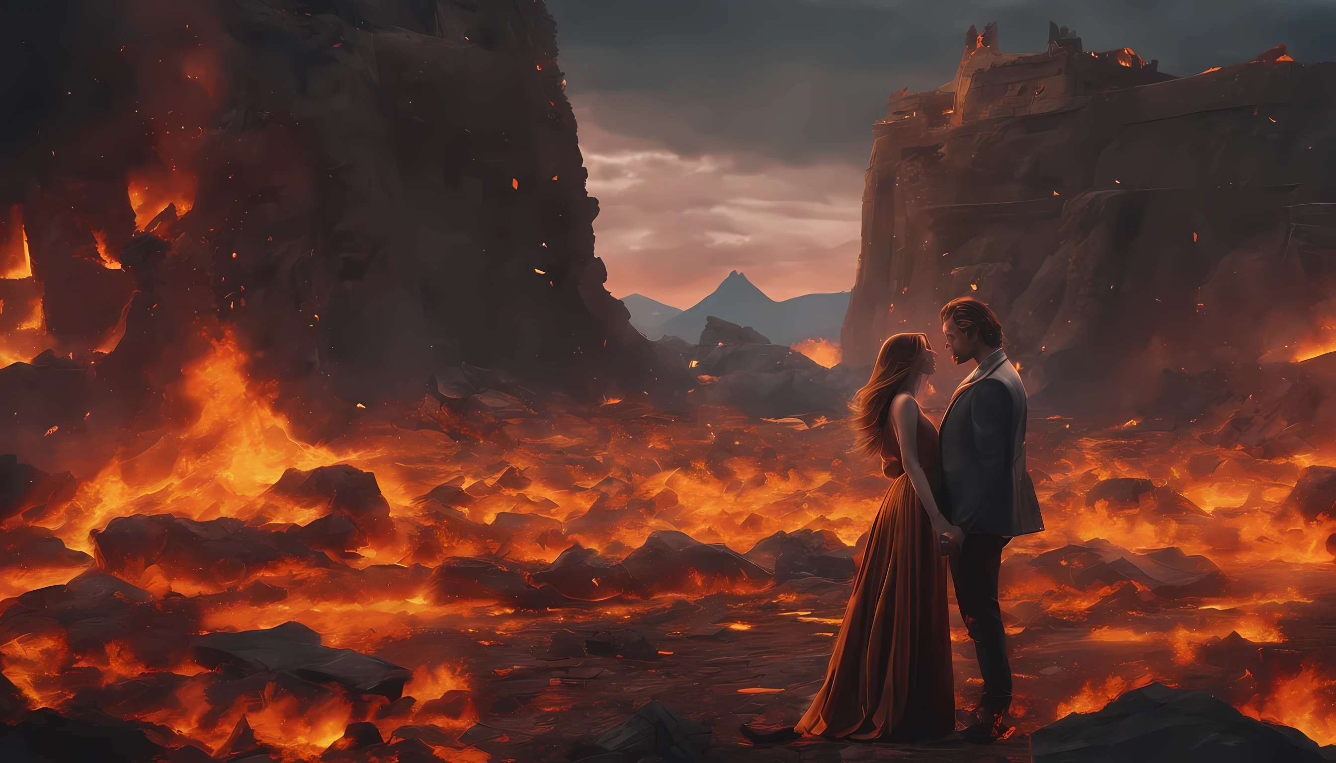 ((Cinematic image)), (4k), (realista), obra de arte, Roupas soberbas, (illustration), ((2 pessoas)), e , ((Cute young couple kissing and hugging), moda, jaqueta de couro, (Cabelo longo), (feliz), (Pele branca), Lindo, Festa,..toast, trend, cinza escuro,, fechar-se, Detalhes finos de rostos, Detalhes faciais, cinematic lighting, (profundidade de campo) , Ultra-HD, (tronco), (realista background), stony terrain with many dry branches sticking out of the ground, hot lava coming out of the ground (volcanic lava everywhere), dry and burnt vegetation, building in the background similar to the temple of Aphrodite in ruins, pedras em todos os lugares, Ruined buildings, cena de guerra do apocalipse, night sky with orange clouds reflecting fire on the ground.