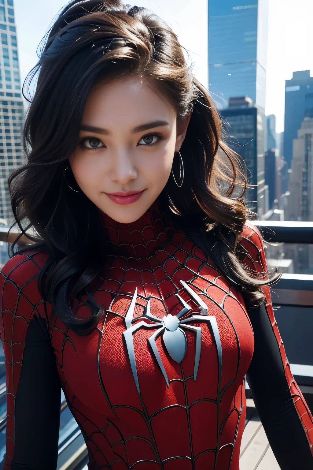 Spider suit, spider websのプリント, spider webs, spiderman, table top, absurd, small details, nffsw, ((highly detailed face and eyes)), realistic,, Focus on the eyes,, stand on the roof of a skyscraper, ((no mask)), looking at the viewer, smile, black hair, girl focus, big hair, curly hair, earrings, , new york buildings background,