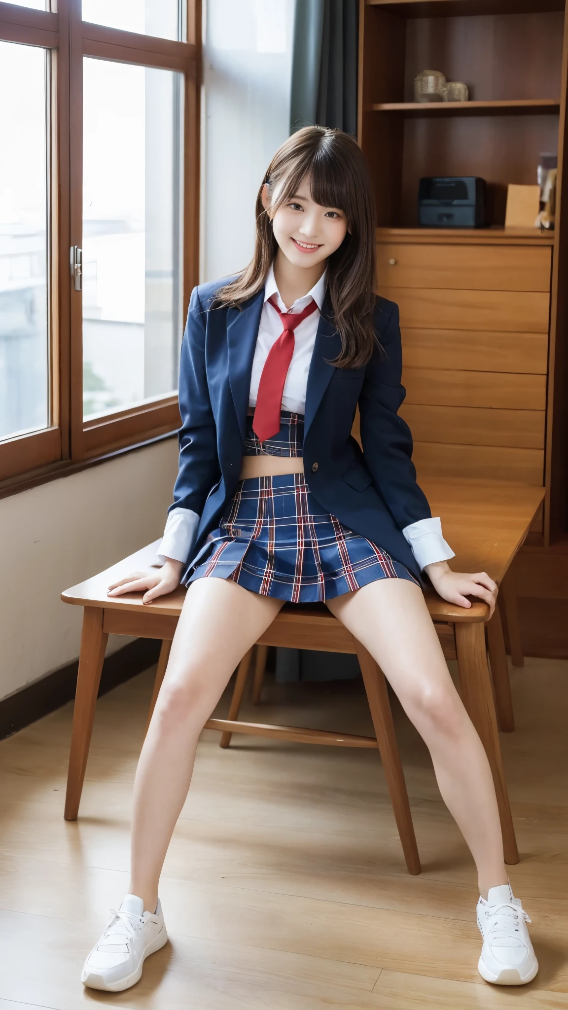 学校の教室に立つ1人のpretty girl,red tie uniform,dark blue closed blazer,Blue plaid mini skirt,18-year-old,bangs,best smile,thighs,knees,random pose,pretty girl,slender girl,I'm sitting at my desk in the classroom with my legs wide open.,White panties exposed,my skin is beautiful,Wear stylish sneakers,natural makeup,