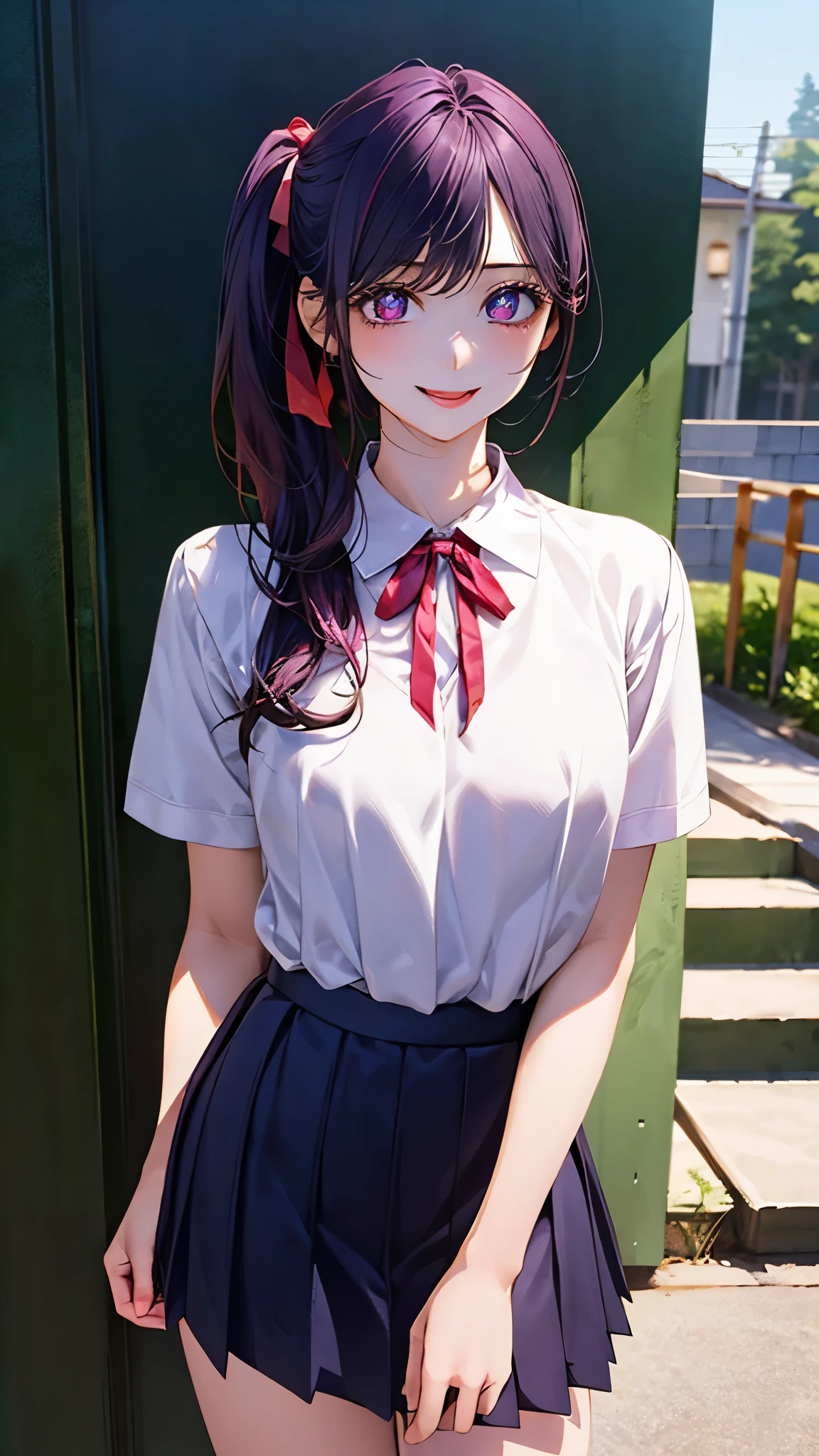 (masterpiece:1.2, top-quality), (realistic, photorealistic:1.4), beautiful illustration, (natural side lighting, movie lighting), 
looking at viewer, front view, 1 girl, japanese, high school girl, 16 years old, perfect face, cute and symmetrical face, shiny skin, 
(long hair, side ponytail, purple hair), swept bangs, purple eyes, big eyes, long eye lasher, (:0.7), 
beautiful hair, beautiful face, beautiful detailed eyes, beautiful clavicle, beautiful body, beautiful chests, beautiful thigh, beautiful legs, beautiful fingers, 
((detailed cloth texture, short sleeve collared white shirt, navy pleated skirt, red neck ribbon)), 
(beautiful scenery), evening, (school), standing, (cute, double peace, lovely smile, upper eyes, long tongue),