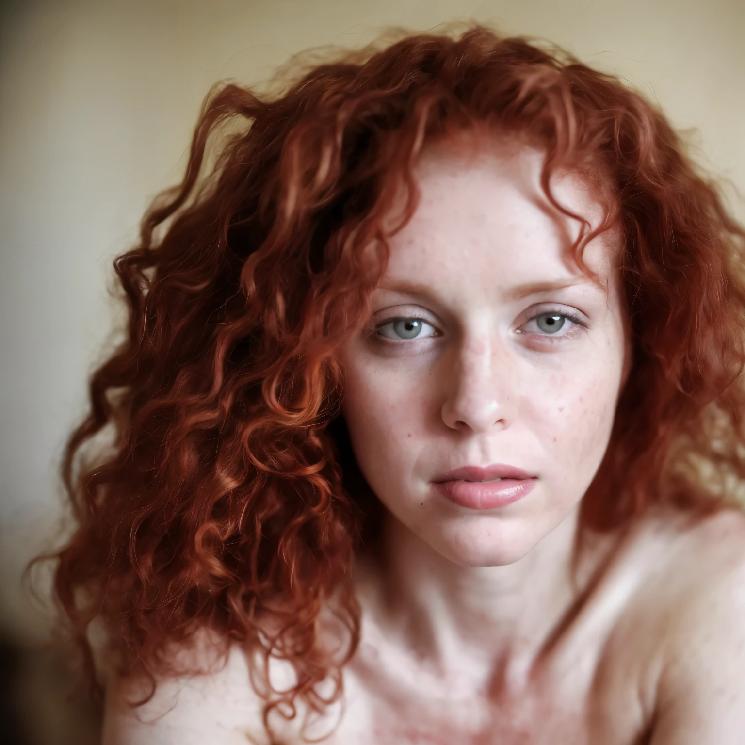 Naked curly redhead, mature, quarante ans, petits seins, jambes longue, high definition focus on chest, ambiance photo studio, masterpiece