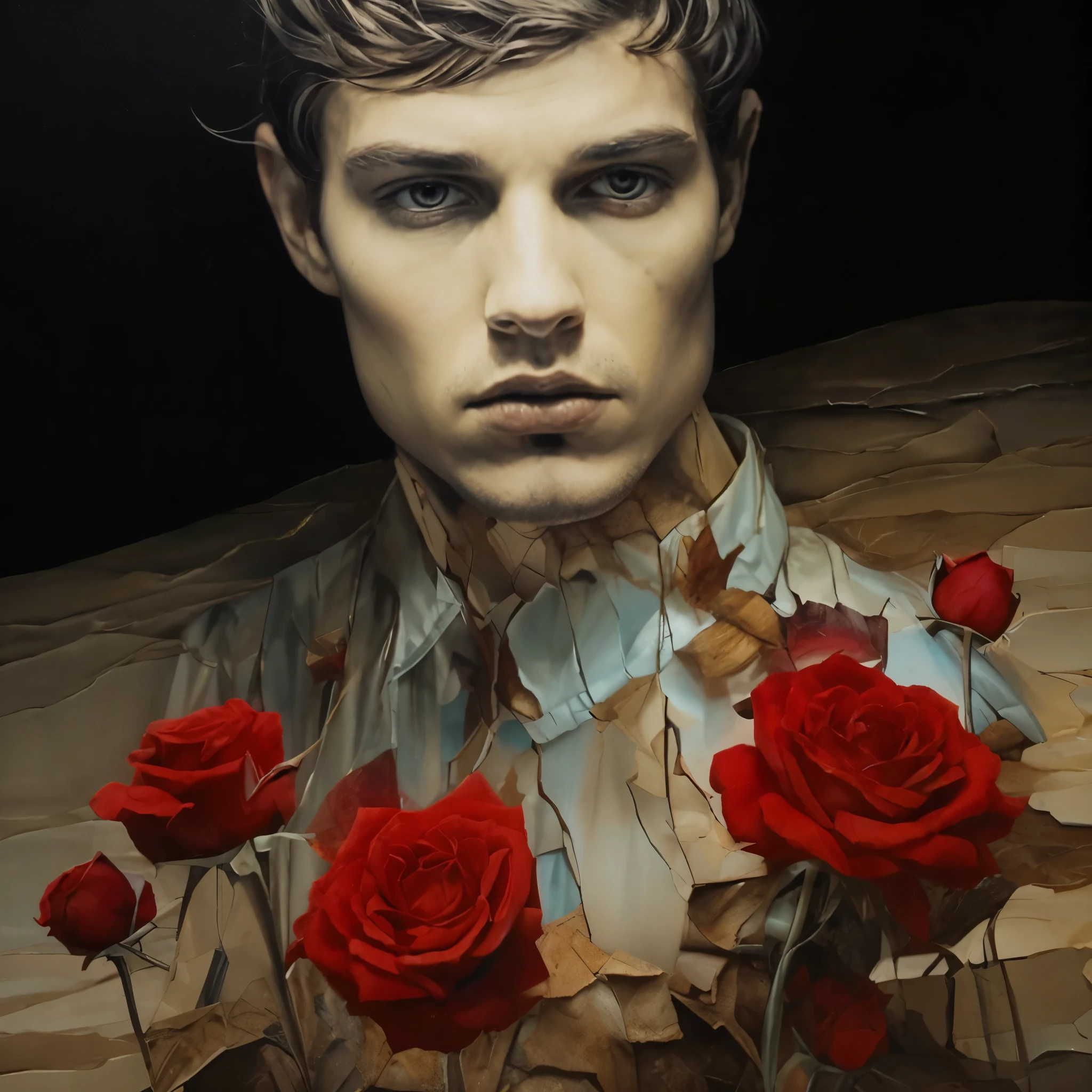 rosto do homem homem jovem e bonito, all sewn together as if they were separate pieces showing the scars, on the table there is a skull head in complex double exposure art by Alex Stoddard, and Brooke Shaden surreal postcard on cracked paper, extremely dynamic, unusual, vintage