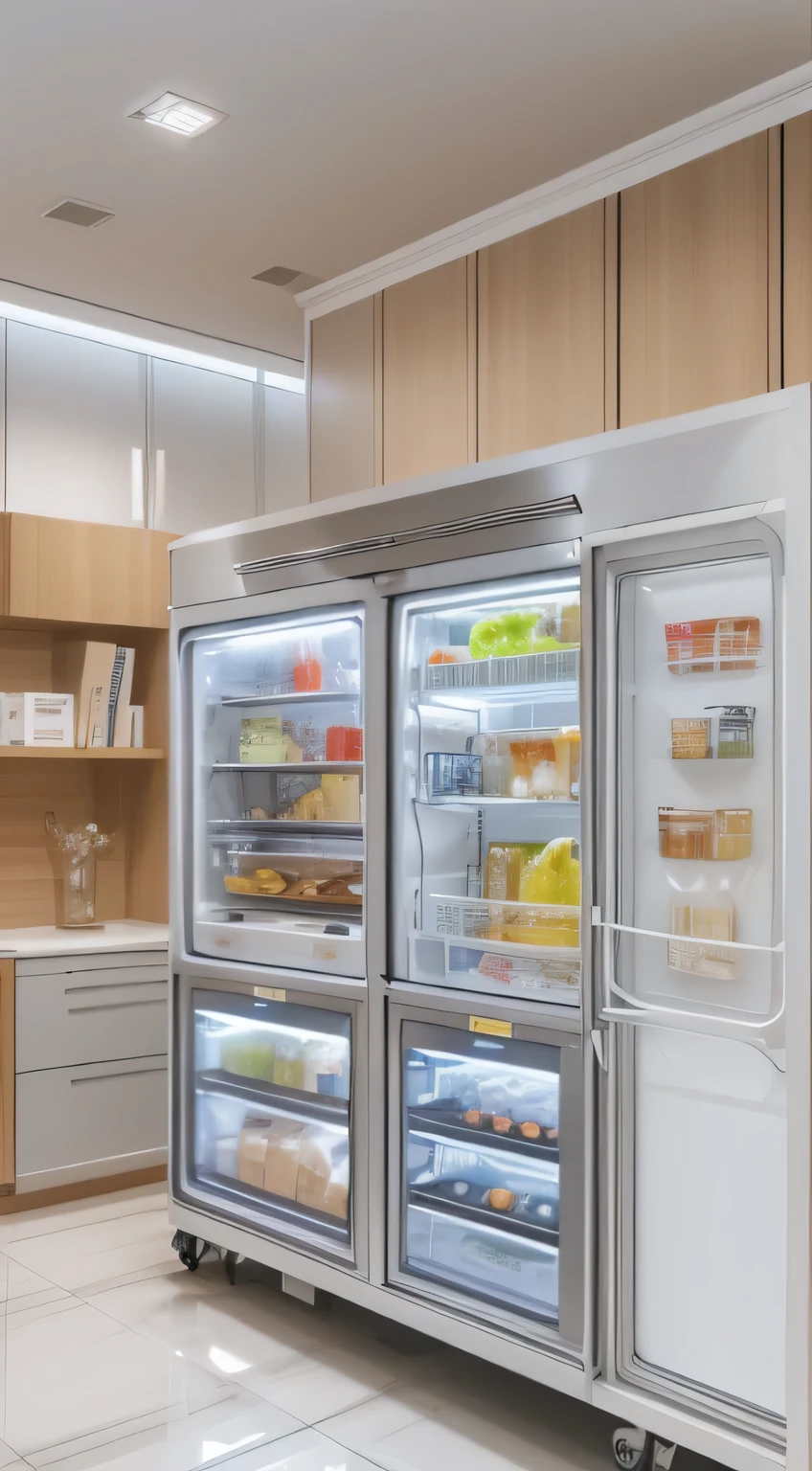 Office smart refrigerator，Appearance silvery white，Ice maker on the outside door of the refrigerator，The refrigerator has a very large capacity，Six door refrigerator，There is a light blue light on the top of the refrigerator，Dedicated storage areas available internally for employees，There is also a touch screen outside the refrigerator，Please increase the refrigerator capacity，Suitable for twenty or thirty people，More fashionable appearance，Please divide internal functions by color，creativity，Internal partition with beverage area，food storage area，where medicines are stored，Interior material is a mix of metal and plastic，Requires a lunch box storage module，Beauty module，Drug storage module，Soft interior lighting，The whole refrigerator has no black edges，Refrigerator with exquisite details，Human-computer compatible，Only for rich people，Rich office uses，Multifunctional luxury ice machine，Modular design，product design,Modern design,Public food and beverage storage requires in-door viewing。Refrigerator appearance 4 doors，One of the doors houses an ice maker，The other door is transparent，A variety of beverage choices are reflected inside，The remaining two doors are ordinary door panels。abstract design，Breaking the ordinary refrigerator specifications，Magnificent office use，Meet all needs，MUJI style，On one screen，I need to see the door on the ice maker door and the area where the lunch box is placed