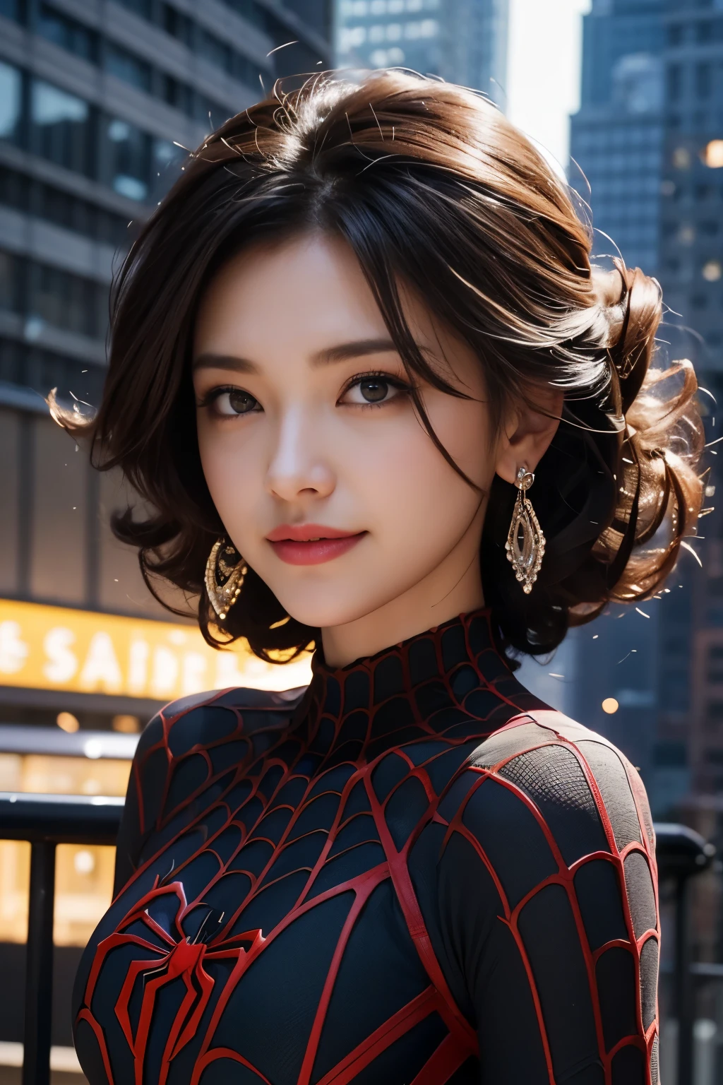 Spider suit, spider websのプリント, spider webs, spiderman, table top, absurd, small details, nffsw, ((highly detailed face and eyes)), realistic,, Focus on the eyes,, stand on the roof of a skyscraper, ((no mask)), looking at the viewer, smile, black hair, girl focus, big hair, curly hair, earrings, , new york buildings background,