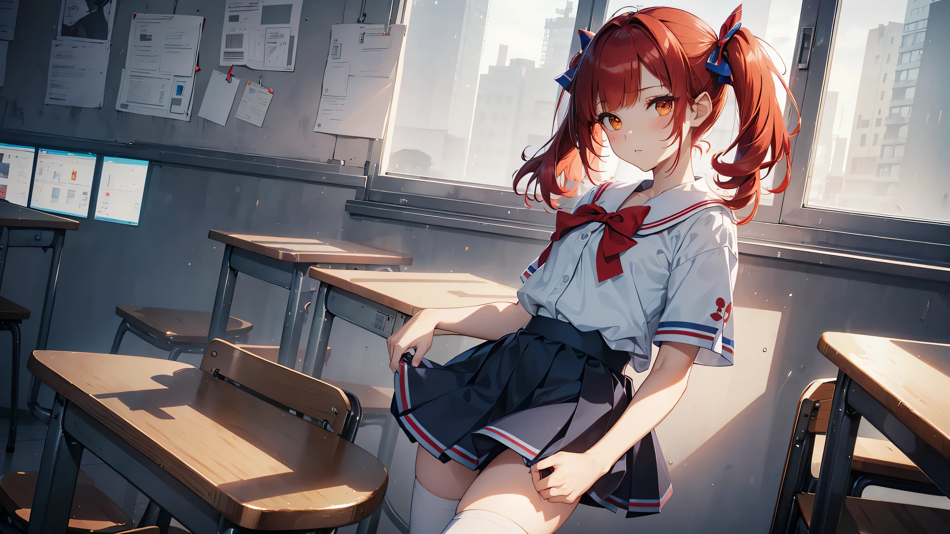 Anime girl sitting on a desk in a classroom with a city view - SeaArt AI