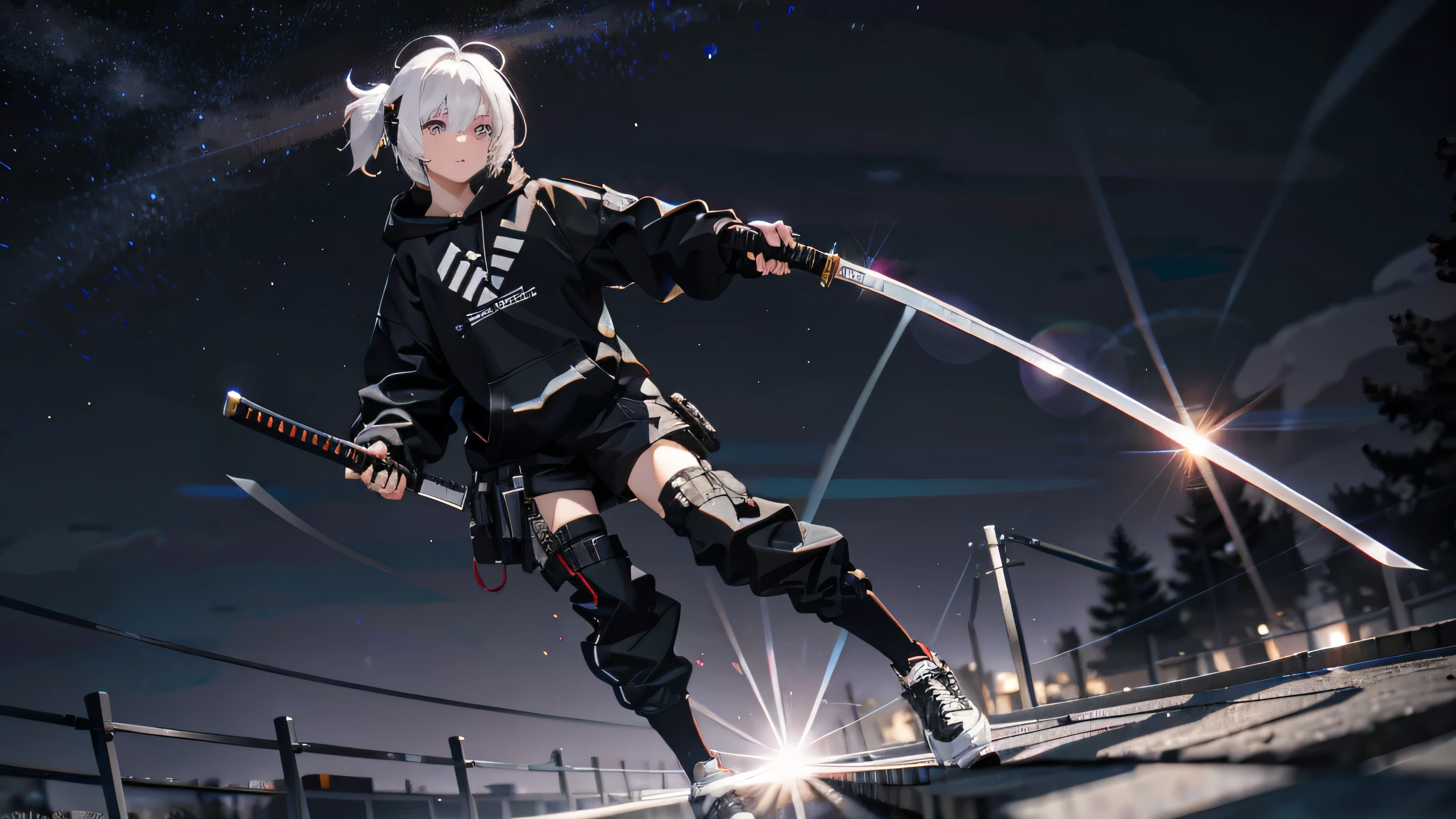 {{Masterpiece, top quality, highly detailed CG, unified 8k wallpaper, movie lighting, lens flare}}, wide view, full body, short white hair, magenta eyes, 24 years old, teeth out, special forces, (urbansamurai_v0.3), with a katana, katana behind back, (katana sword), (black clothing, black hoodie:1.2), 