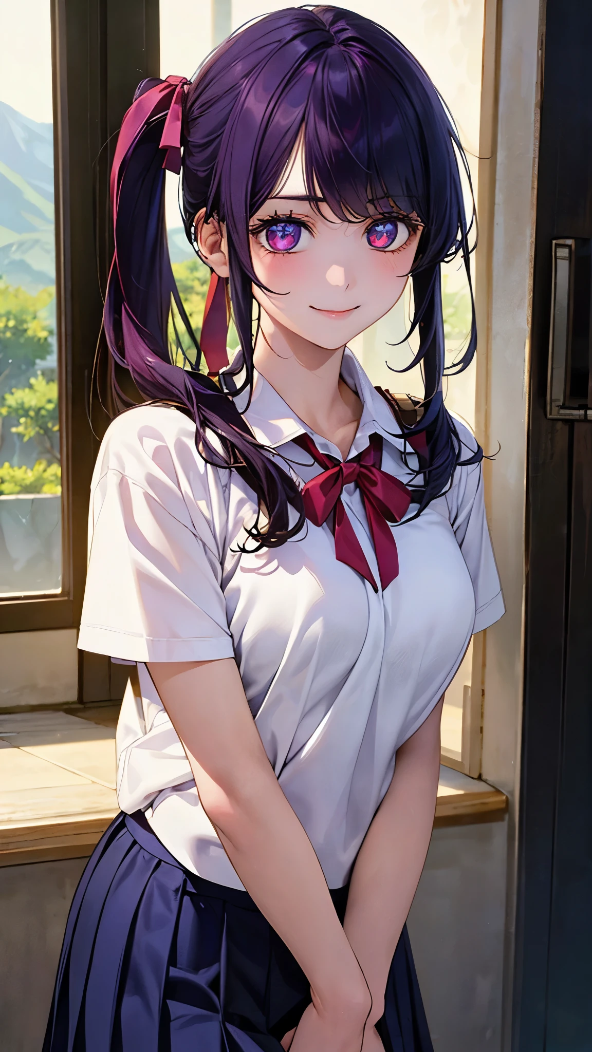 (masterpiece:1.2, top-quality), (realistic, photorealistic:1.4), beautiful illustration, (natural side lighting, movie lighting), 
looking at viewer, 1 girl, japanese,  high school girl, 12 yeaect face, cute and symmetrical face, shiny skin, 
(long hair, side ponytail, purple hair), swept bangs, purple eyes, big eyes, long eye lasher, (medium breasts:0.7), 
beautiful hair, beautiful face, beautiful detailed eyes, beautiful clavicle, beautiful body, beautiful chests, beautiful thigh, beautiful legs, beautiful fingers, 
((detailed cloth texture, short sleeve collared white shirt, navy pleated skirt, red neck ribbon)), 
(beautiful scenery), evening, (school), standing, double peace, (cute, lovely smile, upper eyes),