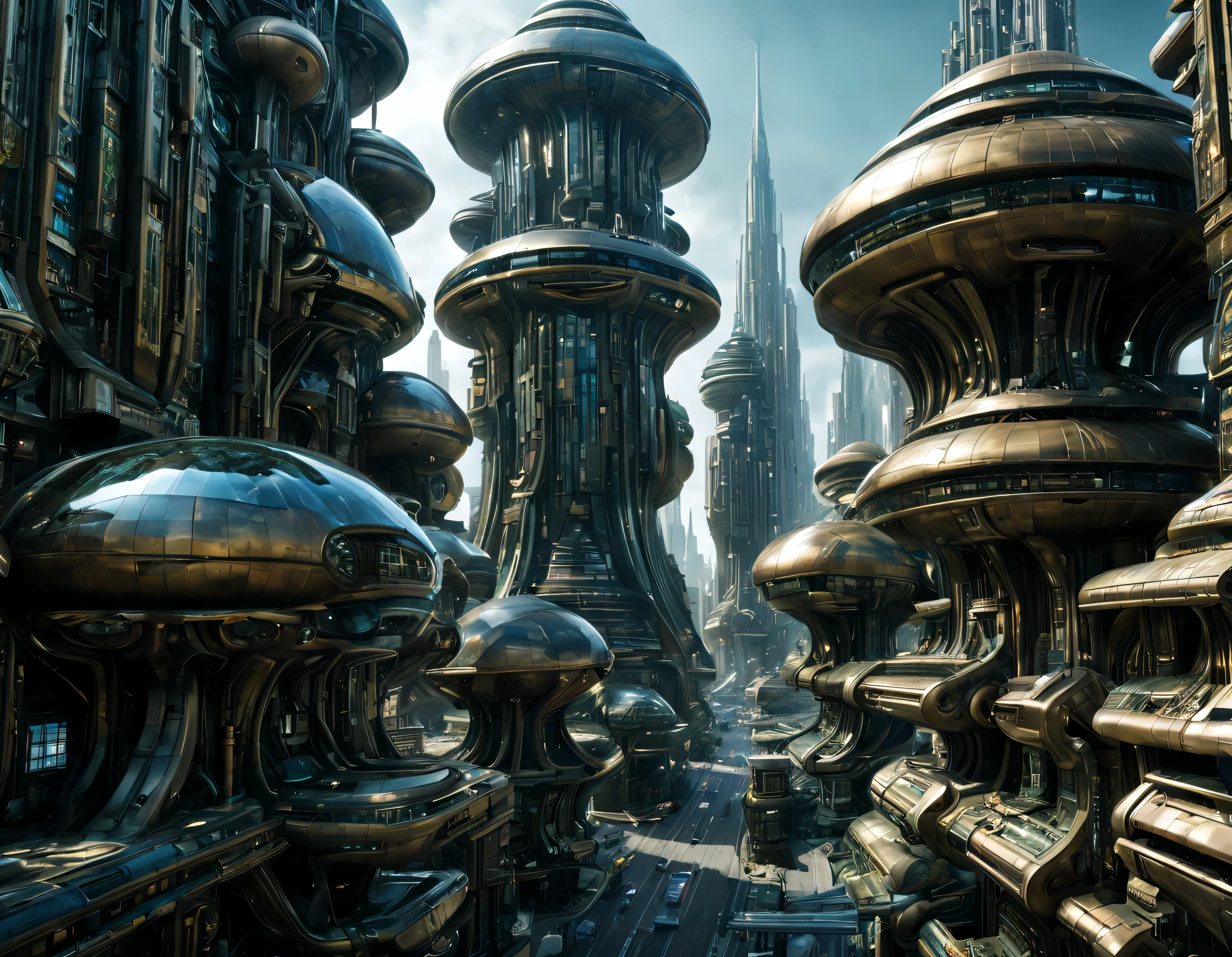 street of an extraterrestrial alien city with futuristic and technological architecture in its metal and glass conglomerado de buildings, donde predomina el oro, la plata y el bronce, some aliens walking around, ventanas iluminadas, all full of imagination, science fiction and (intrincados detalles de la maquina).imagen fotorrealista, Maximum sharpness, calidad 8k.(obra maestra de calidad superior). 3D.