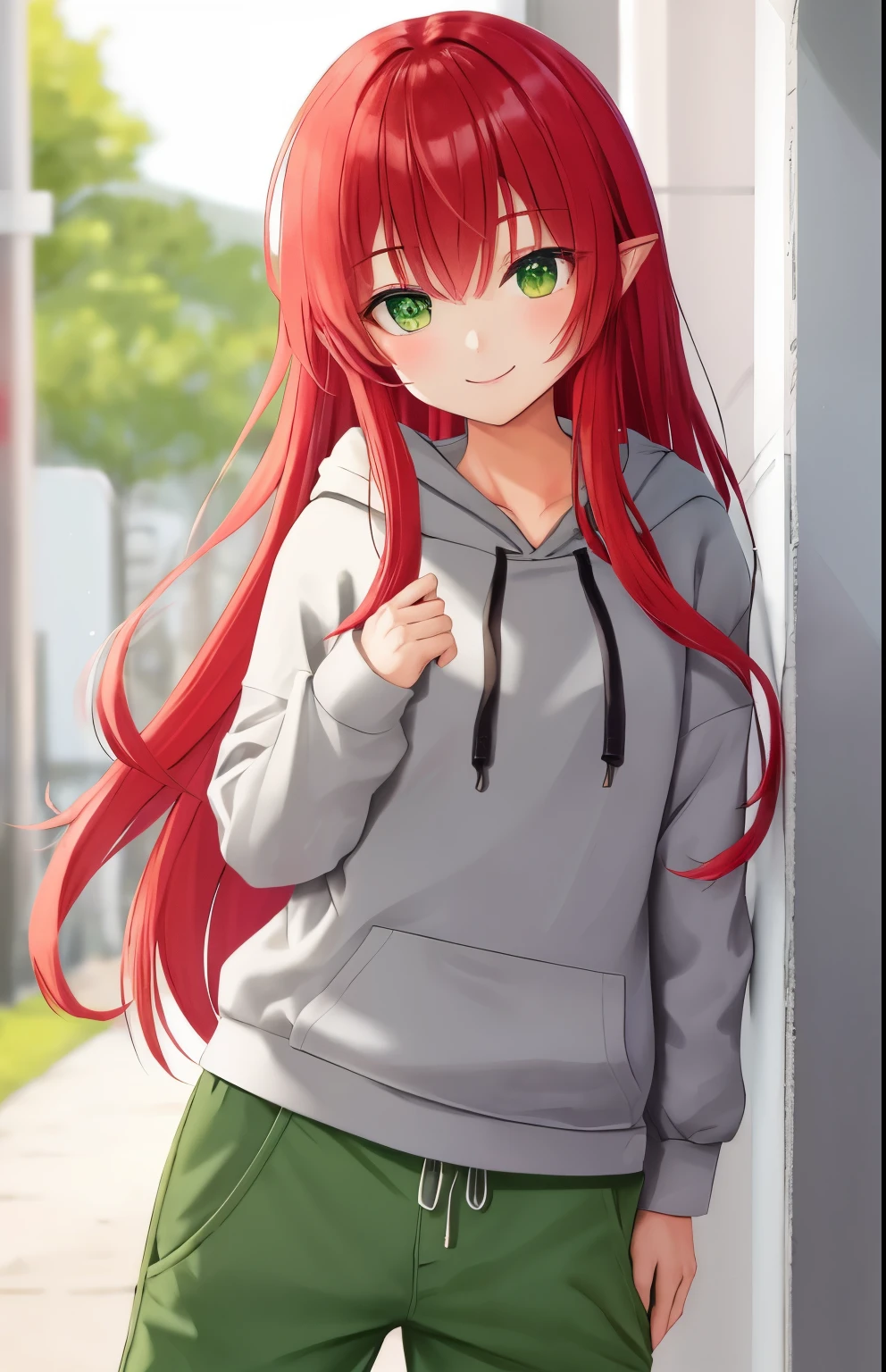 Pygmy   gentle expression(smile) Red hair(long hair) green eyes clothes(hoodie) pants(half pants)