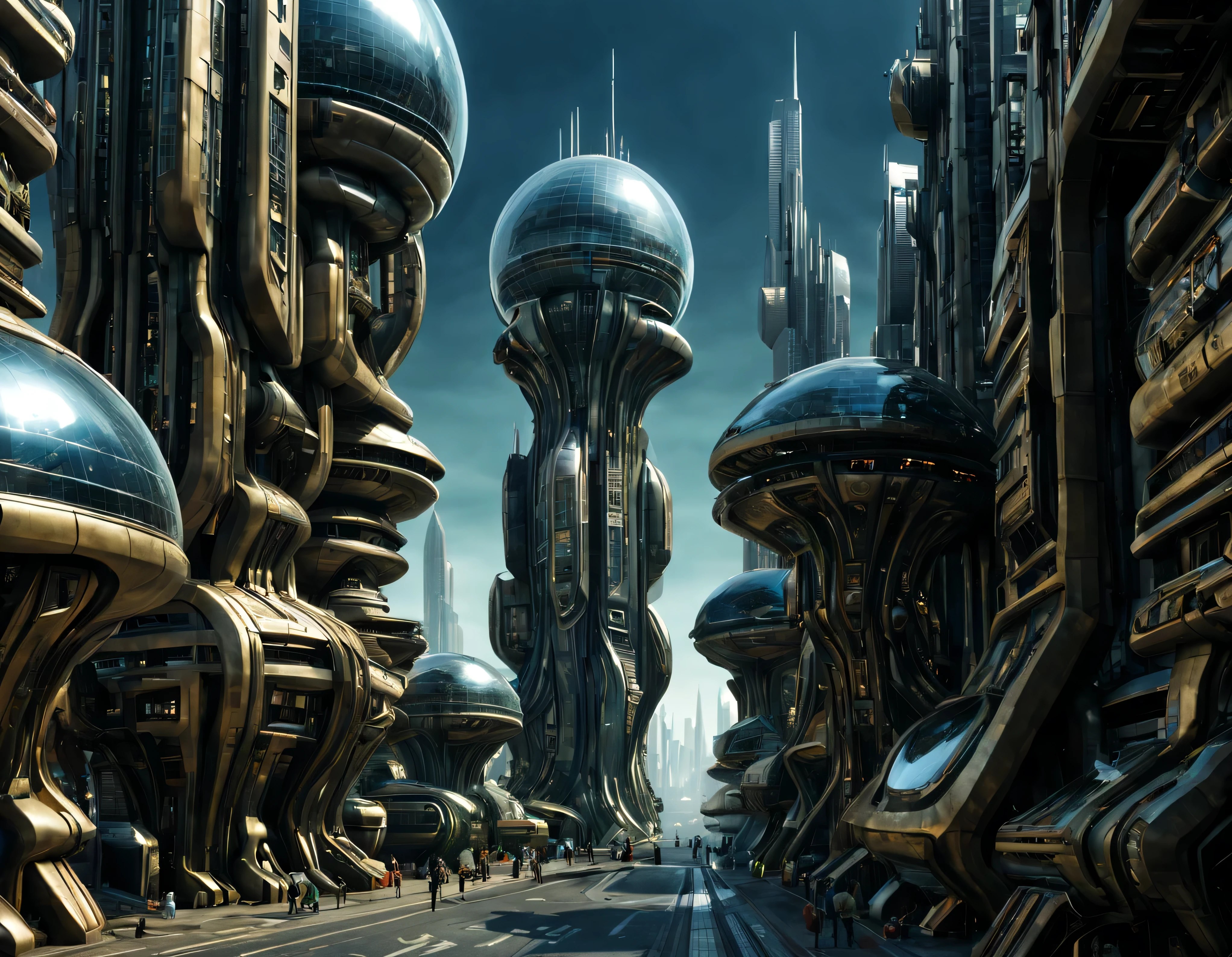 street of an extraterrestrial alien city with futuristic and technological architecture in its metal and glass conglomerado de buildings, donde predomina el oro, la plata y el bronce, some aliens walking around, ventanas iluminadas, all full of imagination, science fiction and (intrincados detalles de la maquina).imagen fotorrealista, Maximum sharpness, calidad 8k.(obra maestra de calidad superior). 3D.