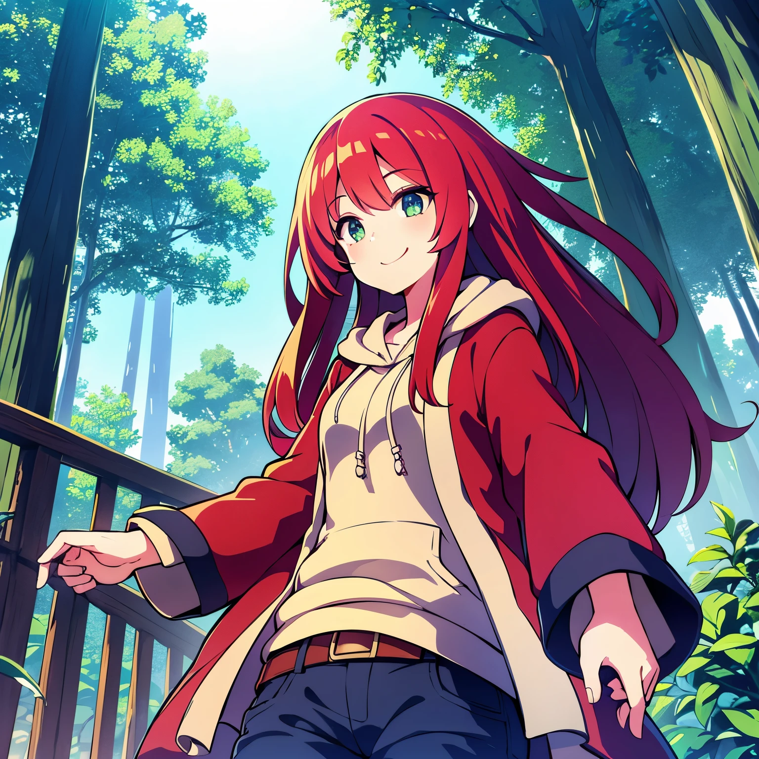 Pygmy   gentle expression(smile) Red hair(long hair) green eyes clothes(hoodie) pants(half pants)