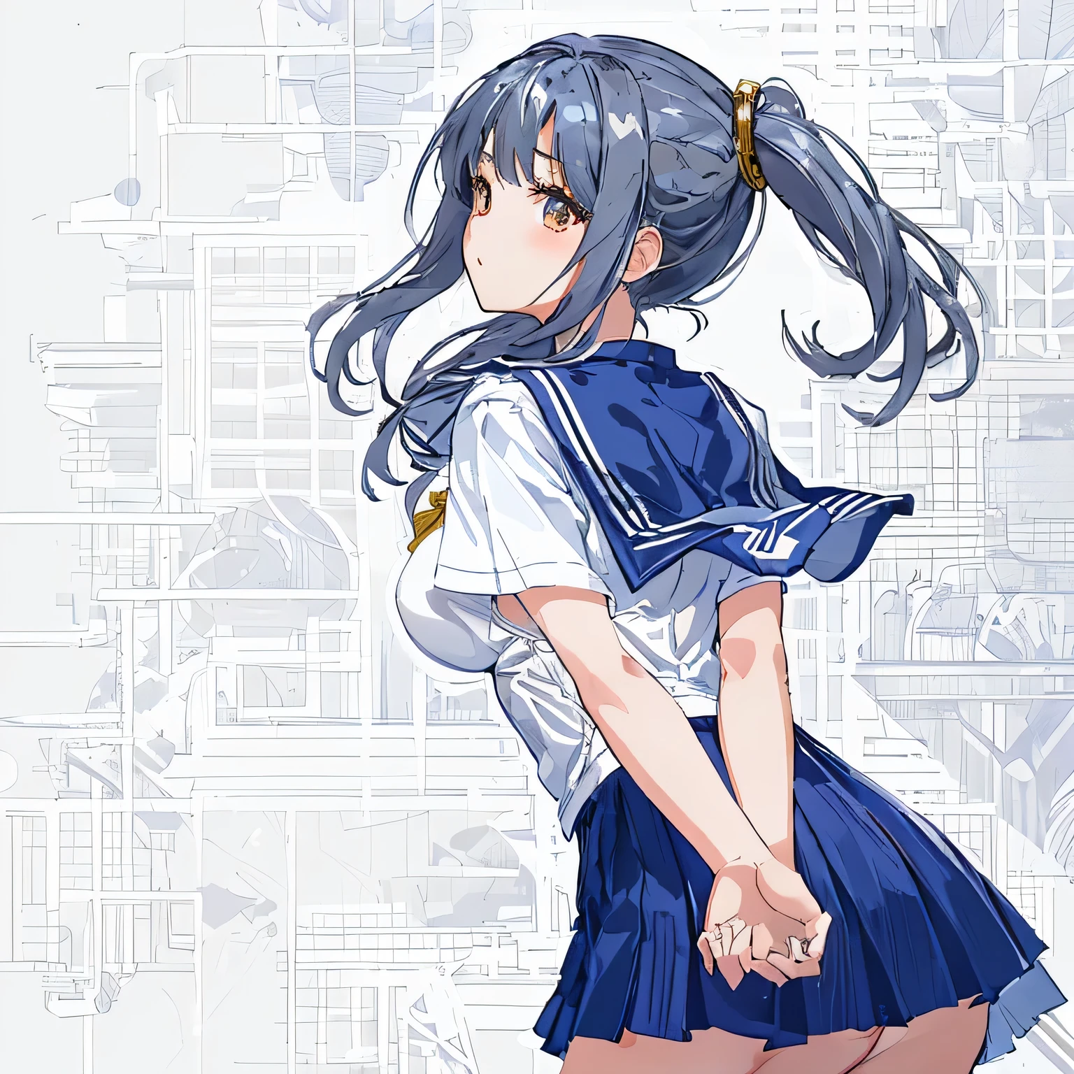 white background,masterpiece, highest quality,figure,sailor suit,slanted eyes,straight hair,silver hair,side parted,super dense skin,beautiful and fine eyes,short sleeve shirt,brown eyes,(big breasts:1.1), (A raised and well-defined bust:1.1), (lifted chest:1.2), (perky chest :1.1),high school girl,please sit down,high socks,loafers