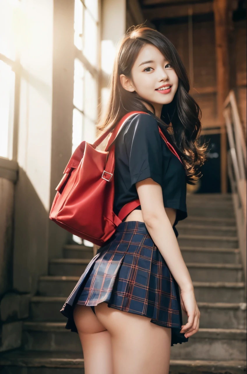 Stand in the classroom of school2fashi-girl,red tie uniform,dark blue closed blazer,blue and red plaid miniskirt:1.5,18-year-old,bangs,a little smile,thighs,knees,from below,random pose,pretty girl,slender girl,white panties:1.5,blonde with short cut:1.5,Side waves with a short cut,Carrying a black rucksack,butt exposed:1.2,