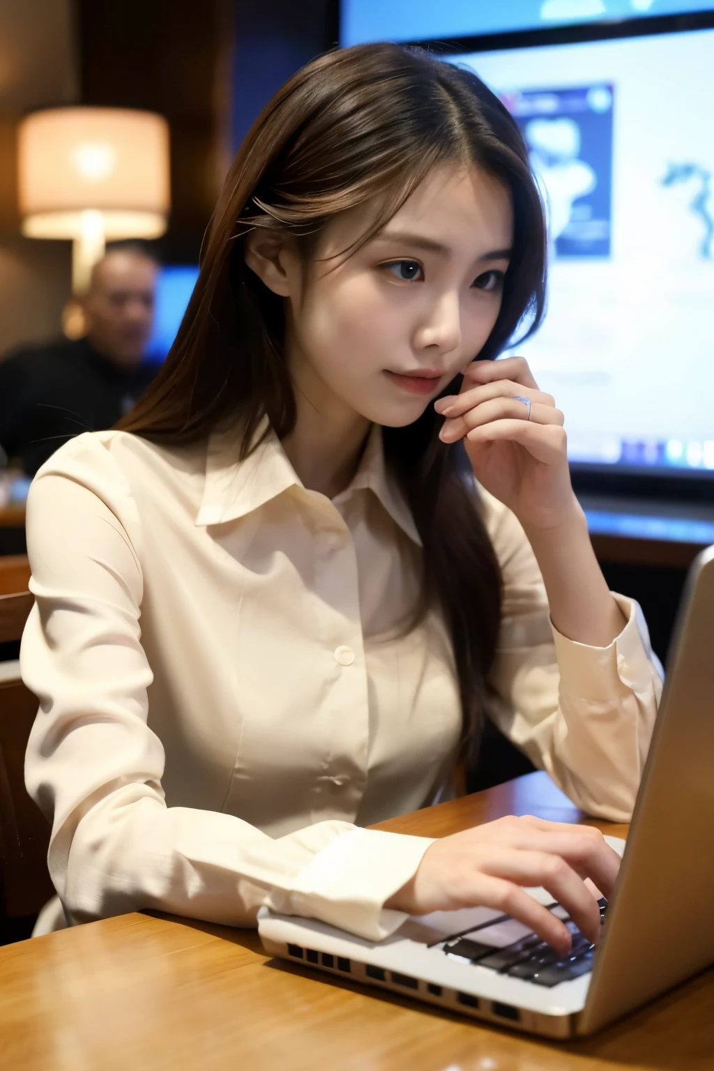 ((最好的质量)), ((杰作)), (详细的), 完美的脸
beautiful lady is using a laptop in coffee, many manlike robot is sitting near her