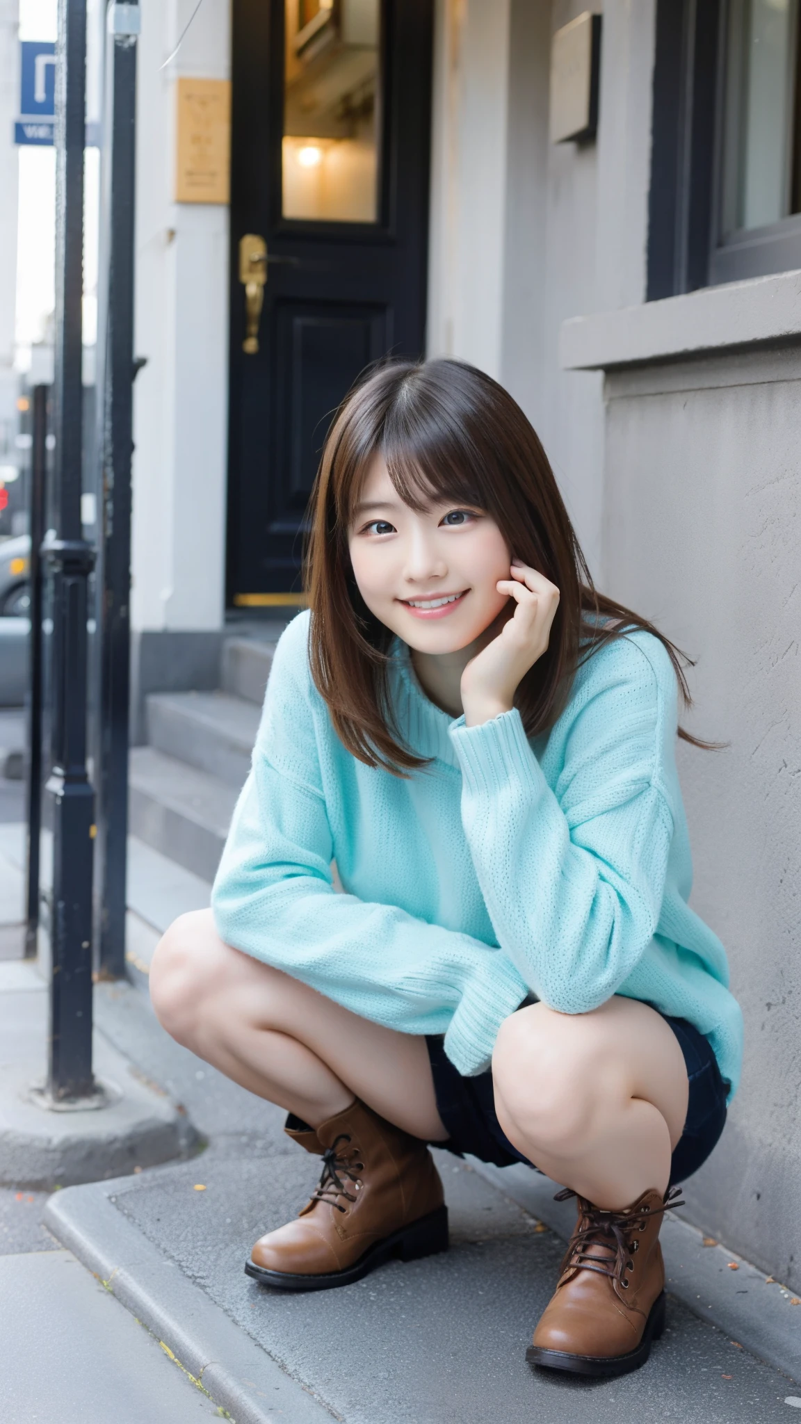 Photo taken by a professional photographer，laughter:1.5，Close-up of a 30-year-old Japanese woman squatting on the sidewalk, wearing a sweater, Short-cut brown hair, hair is disheveled，young and cute girl, Wearing a miniskirt:1.5，Wear stylish boots，Fancy makeup with red eyeshadow，Beautiful thighs are visible，Squatting with crotch open facing the front:1.5，I can see black panties:1.5，