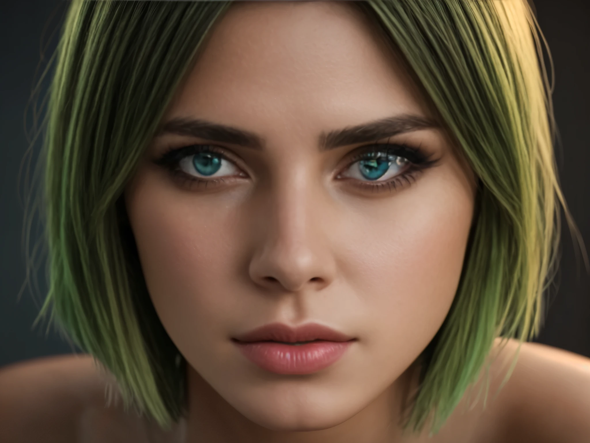 Portrait of young woman, short green hair, 8k, ultra detailed, ultra sharp, realistic, striking gorgeous eyes, volumetric lighting, 8k photo,model RealisticVision4
