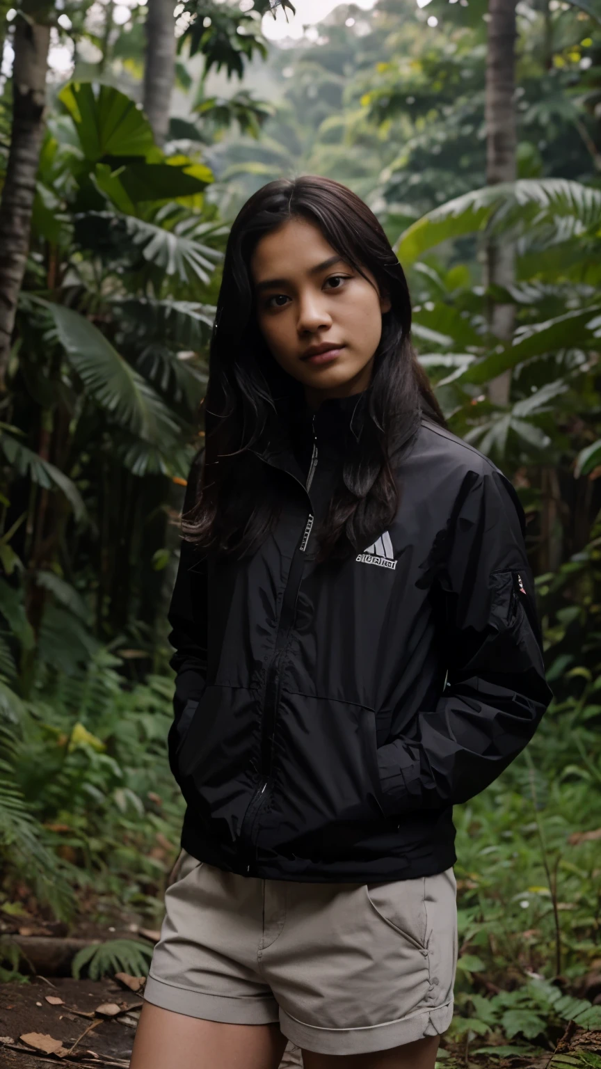 poto seorang pria indonesia rambut pendek rapi, berbadan kurus berjaket hitam celana pendek, sambil camping ditengah hutan hujan dan ada air terjun, ditemani rokok dan secangkir kopi, beserta api unggun dan alat camping lain nya,