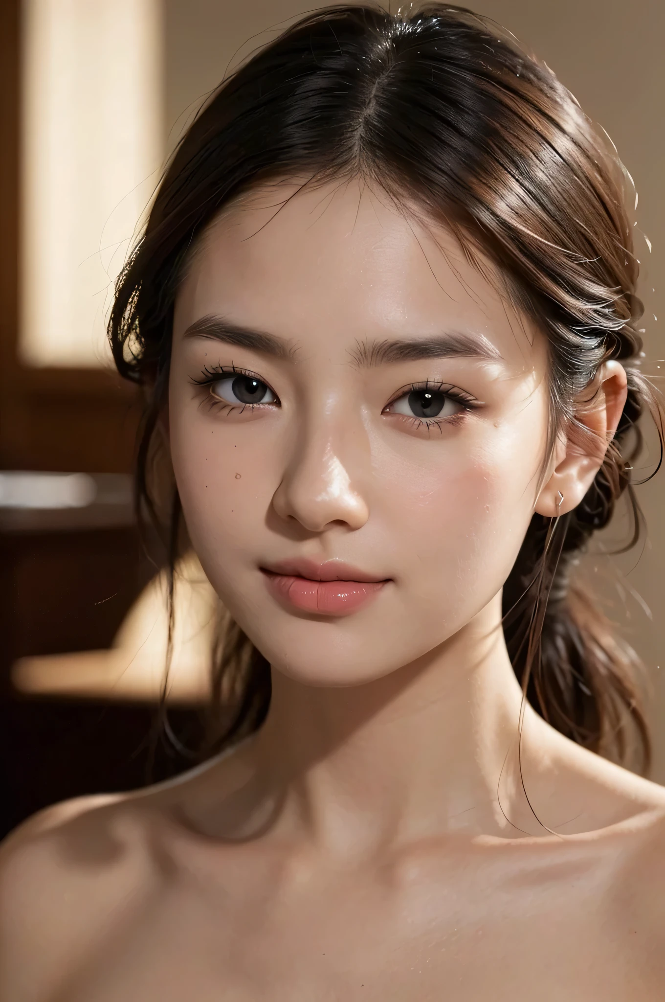 (Enhances the beauty of skin texture:1.1), highest quality、masterpiece, ultra high resolution、(Photoreal:1.4)、RAW photo、1 girl、shiny skin, dramatic lighting, RAW photo, table top:1.3, ultra high resolution:1.0, sharp focus:1.2, beautiful woman with perfect figure:1.4, thin abs:1.2, Highly detailed face and skin texture, fine eyes, double eyelid, perfect facial balance, Clean system, smile, Soft light in a beautiful studio, rim light, vivid details, surreal, Fine and beautiful skin, realistic skin, beautiful face, Beautiful woman, high solution face, Soft texture, nude, close up of face, radiant skin, face of glory, crazy high resolution, glowing skin, shining face, luster, oily skin, oily face, close up of face, zoom on face