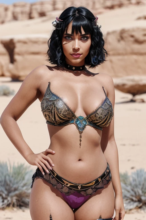 A photograph of Cleopatra with natural skin, short and voluminous black hair, sharp eyes with blue eyeshadow, a thin and upturned nose, shapely lips, pink nipples under the sheer clothes, an hourglass body shape, typical clothes, and makeup, intricately maximalist-detailed, vibrant, epic, smooth, cinematic, 4K, backlit, fantasy desert background, and a shallow depth of field.