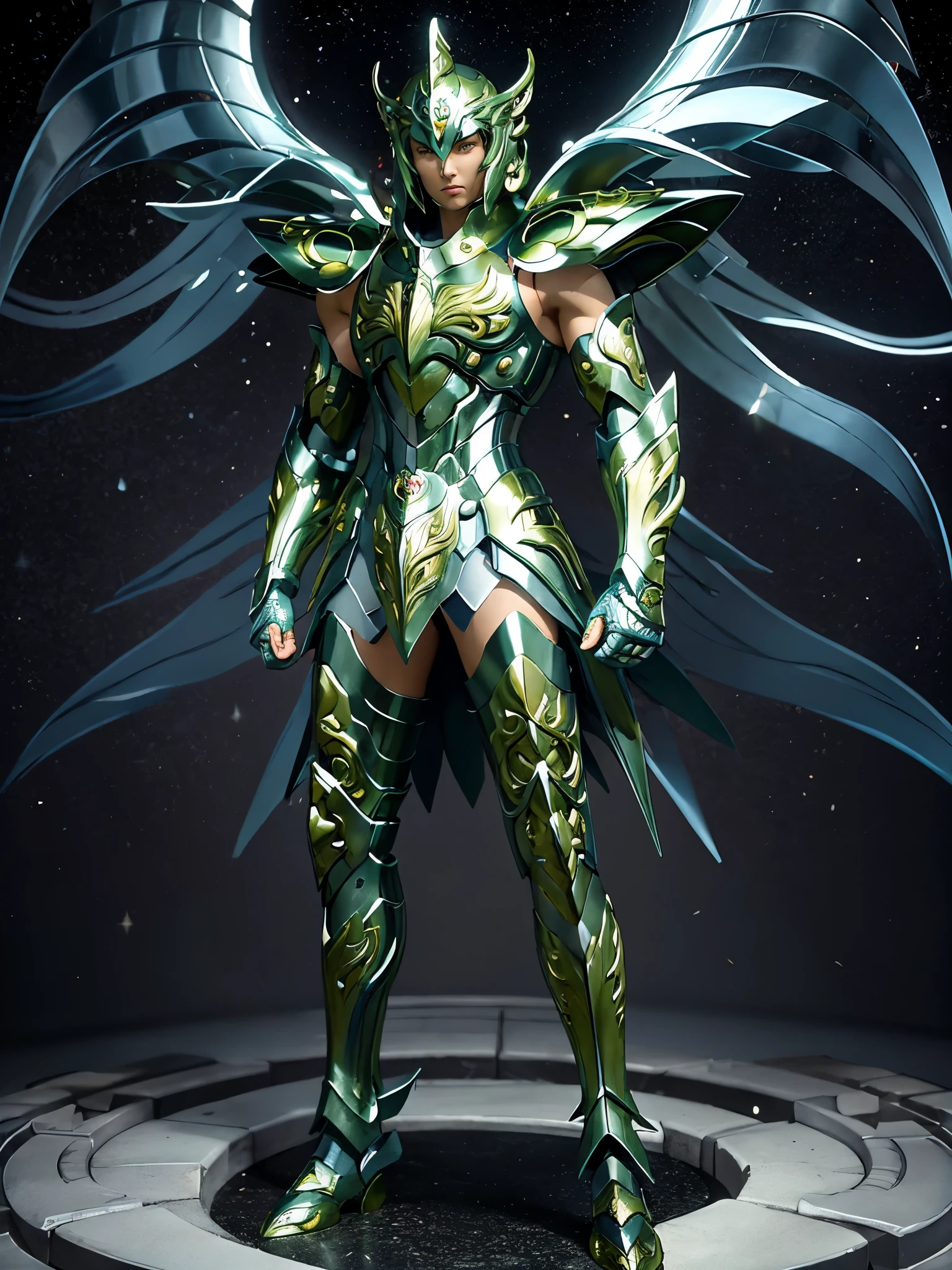 Ultra-high saturation, (tmasterpiece), full body photo, (best quality), (1man), starry sky background, Wearing shiny gold armor, armor type armor shows details of your muscles, showing the belt, showing the armor thigh protector, cool pose, Saint Seiya Armor, messy hair, high detail, Anime style, Cinematic lighting, Glitter, god light, Ray traching, filmgrain, hyper HD, skin texture, super detail, Anatomically correct, High resolution, Saturation ultra-high, High contrast, High-shiny green armor, Smooth skin, Serious expression