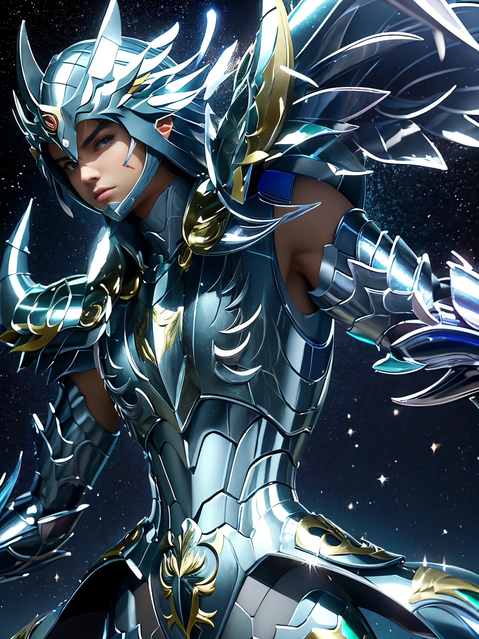 Ultra-high saturation, (tmasterpiece), full body photo, (best quality), (1man), starry sky background, Wearing shiny gold armor, armor type armor shows details of your muscles, showing the belt, showing the armor thigh protector, cool pose, Saint Seiya Armor, messy hair, high detail, Anime style, Cinematic lighting, Glitter, god light, Ray traching, filmgrain, hyper HD, skin texture, super detail, Anatomically correct, High resolution, Saturation ultra-high, High contrast, High-shiny green armor, Smooth skin, Serious expression