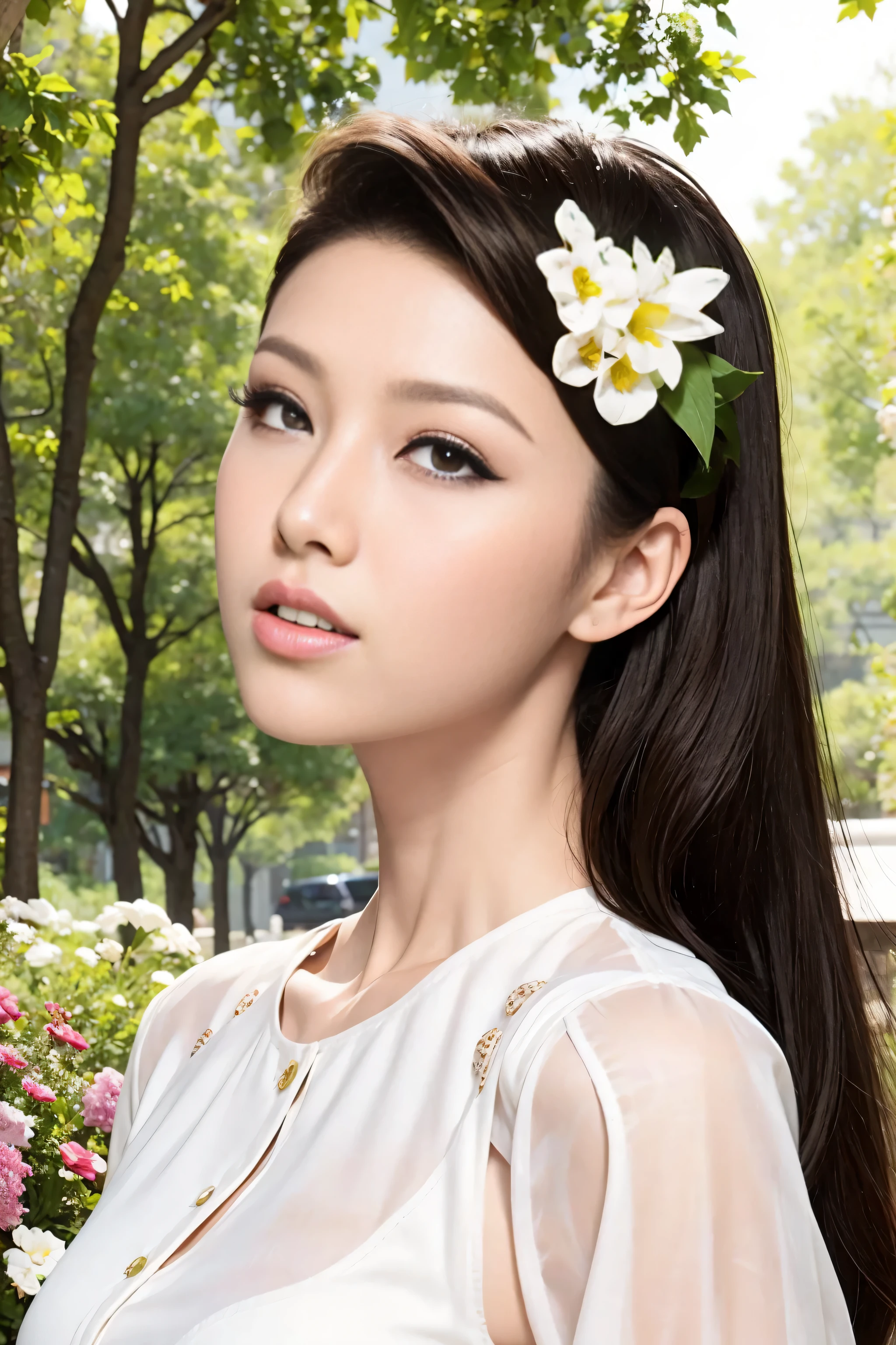 Fashion model 20 years old [[[[close up]]]], [[[[neck]]]], [[[[Shoulder]]]], perfect eyes, perfect iris，perfect lips，perfect teeth，perfect skin，White skin，Soft headlight，high-density imaging review，long hair，（Face is clear and delicate），White casual wear，The background is outdoor，Green trees and flowers，best quality，masterpiece，（pastel colors：1.2）