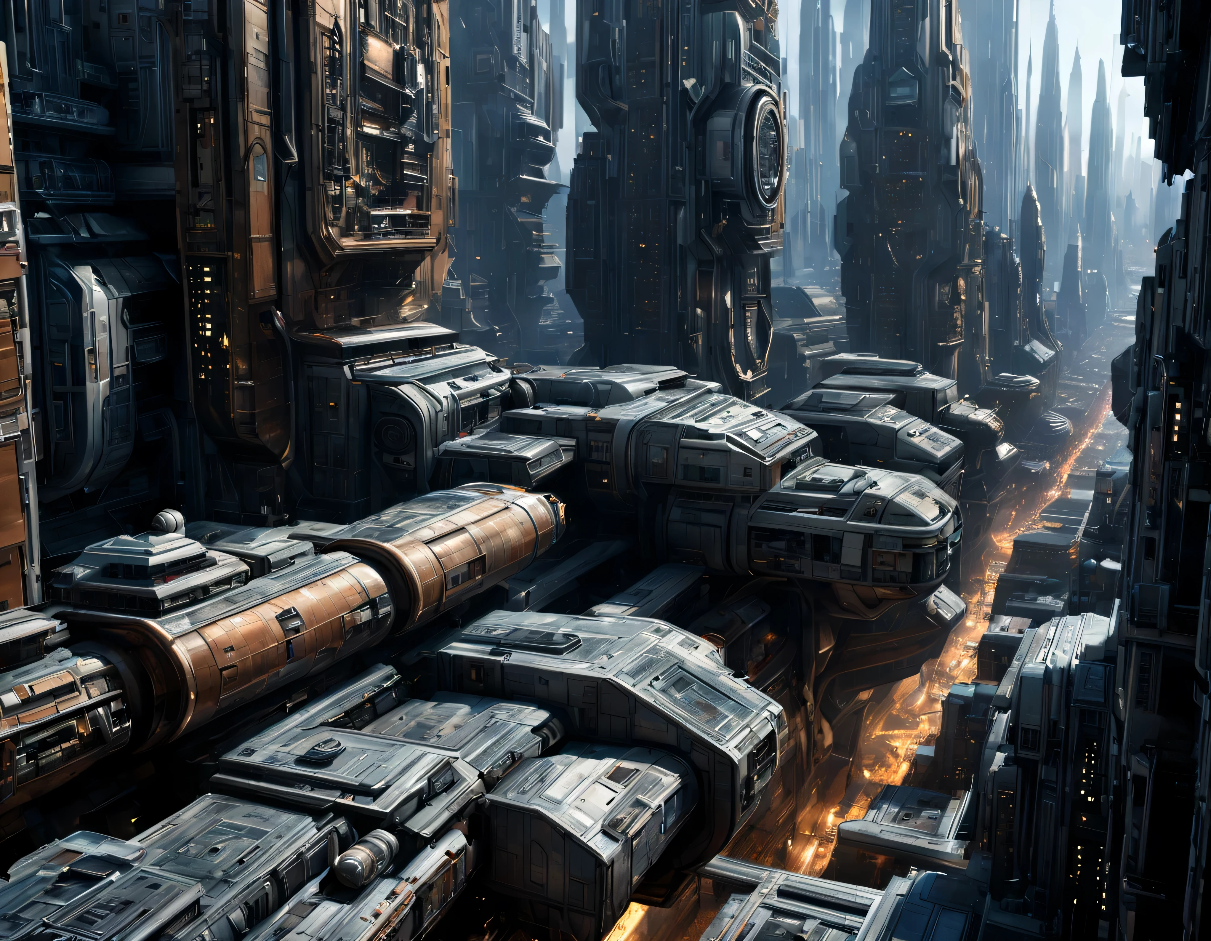 (The city of Coruscant from Star Wars as designed by Doug Chiang), futuristic fantasy city with immense buildings of technological design (que forman una avenida infinita), non-blurred compact buildings with metallic appearance, luces en ventanas en edificios, daylight lighting with sun, con estructuras acristaladas espectaculares, en las que abundan el oro, plata y bronce, (con colores vivos). pavimento ensolado (sin brillo). gente paseando. imagen bien definida con muchos edificios juntos. sharp well defined 8k image. los edificios llegan alta el fondo.,8k. cinematographic image. ((obra maestra de superior calidad)). (renderizado 3D). fondo nitido.