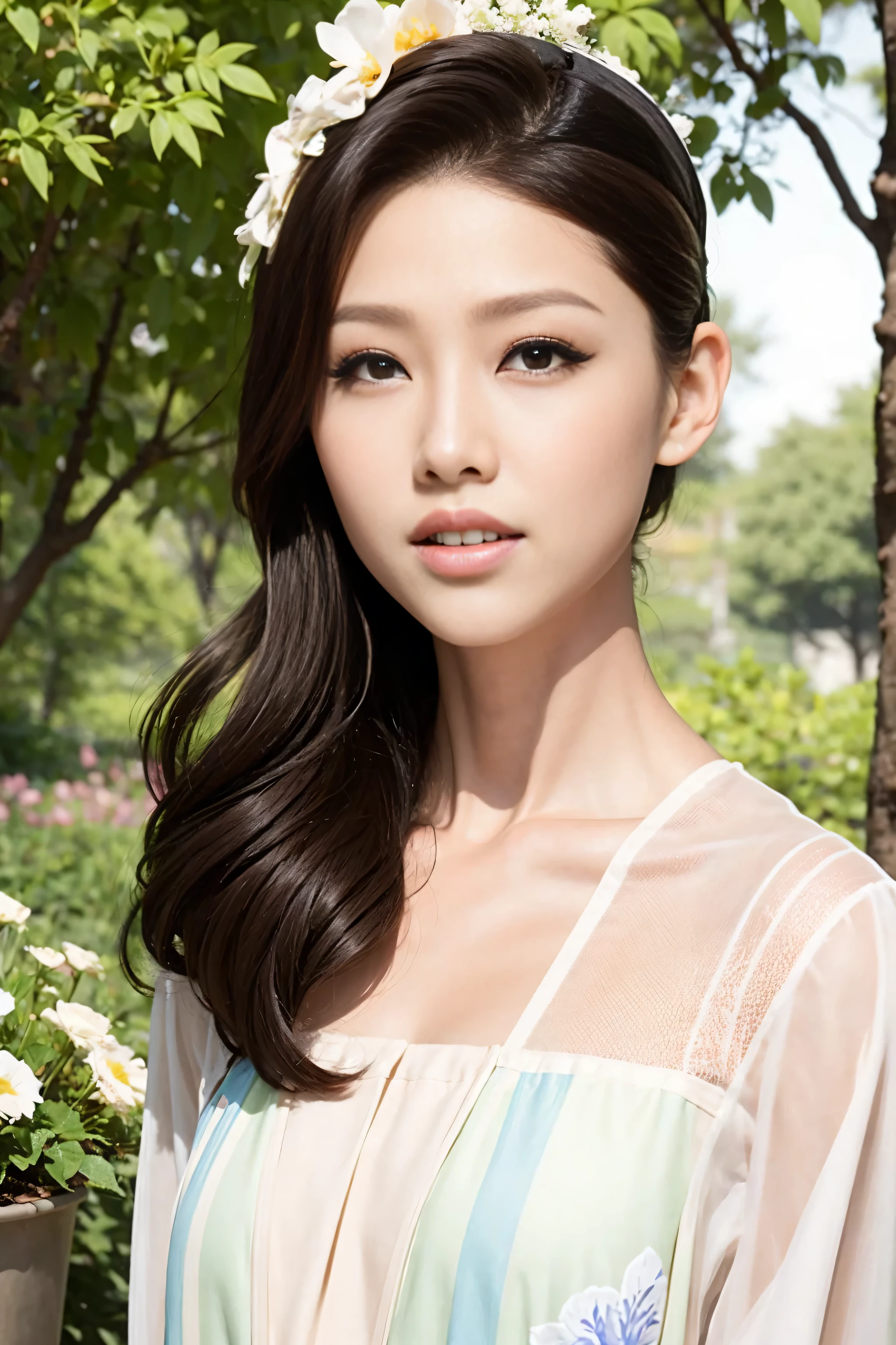Fashion model 20 years old [[[[close up]]]], [[[[neck]]]], [[[[Shoulder]]]], perfect eyes, perfect iris，perfect lips，perfect teeth，perfect skin，White skin，Soft headlight，high-density imaging review，long hair，（Face is clear and delicate），White casual wear，The background is outdoor，Green trees and flowers，best quality，masterpiece，（pastel colors：1.2）