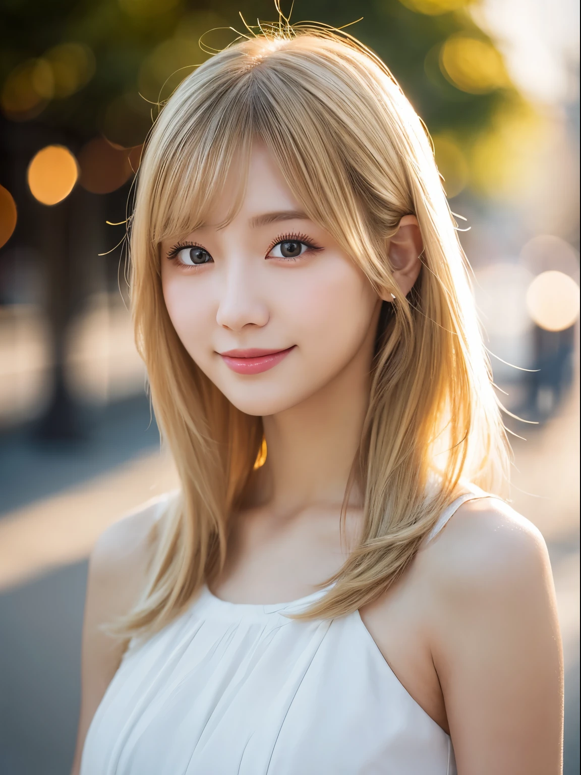 最high quality, masterpiece, High resolution, 1 girl, White Flared Chiffon Short Dress, smile, closed mouth,lips, blonde long hair, detailed beautiful eyes,detailed eyelashes, beautiful face,On top of that_body, Tyndall effect,realistic, rim lighting, two-tone lighting,(high definition skin:1.2), 8K uhd, Digital single-lens reflex camera, soft lighting, high quality, volume lighting, Frank, photograph, High resolution, 4K, 8K, Bokeh, in downtown, afternoon