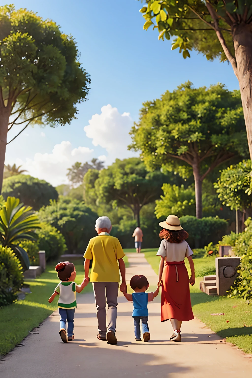 
drawing of Brazilian grandparents walking backwards with two grandchildren in an environmental park