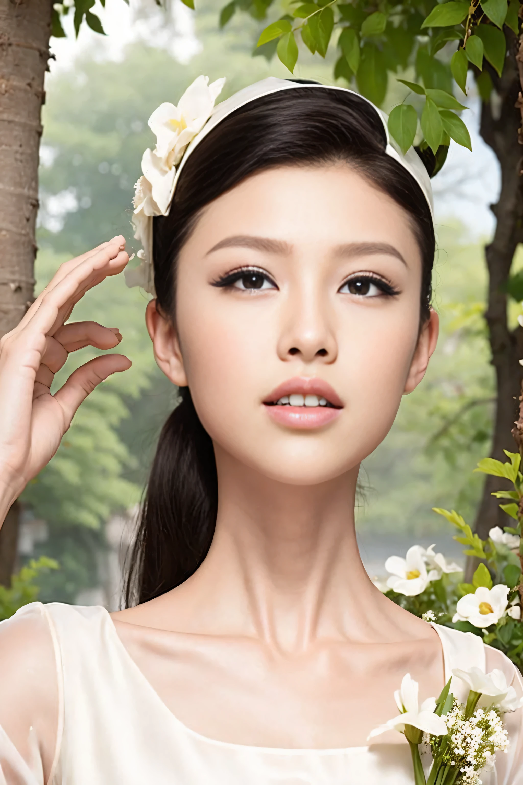 Fashion model 20 years old [[[[close up]]]], [[[[neck]]]], [[[[Shoulder]]]], perfect eyes, perfect iris，perfect lips，perfect teeth，perfect skin，White skin，Soft headlight，high-density imaging review，long hair，（Face is clear and delicate），White casual wear，The background is outdoor，Green trees and flowers，best quality，masterpiece，（pastel colors：1.2）
