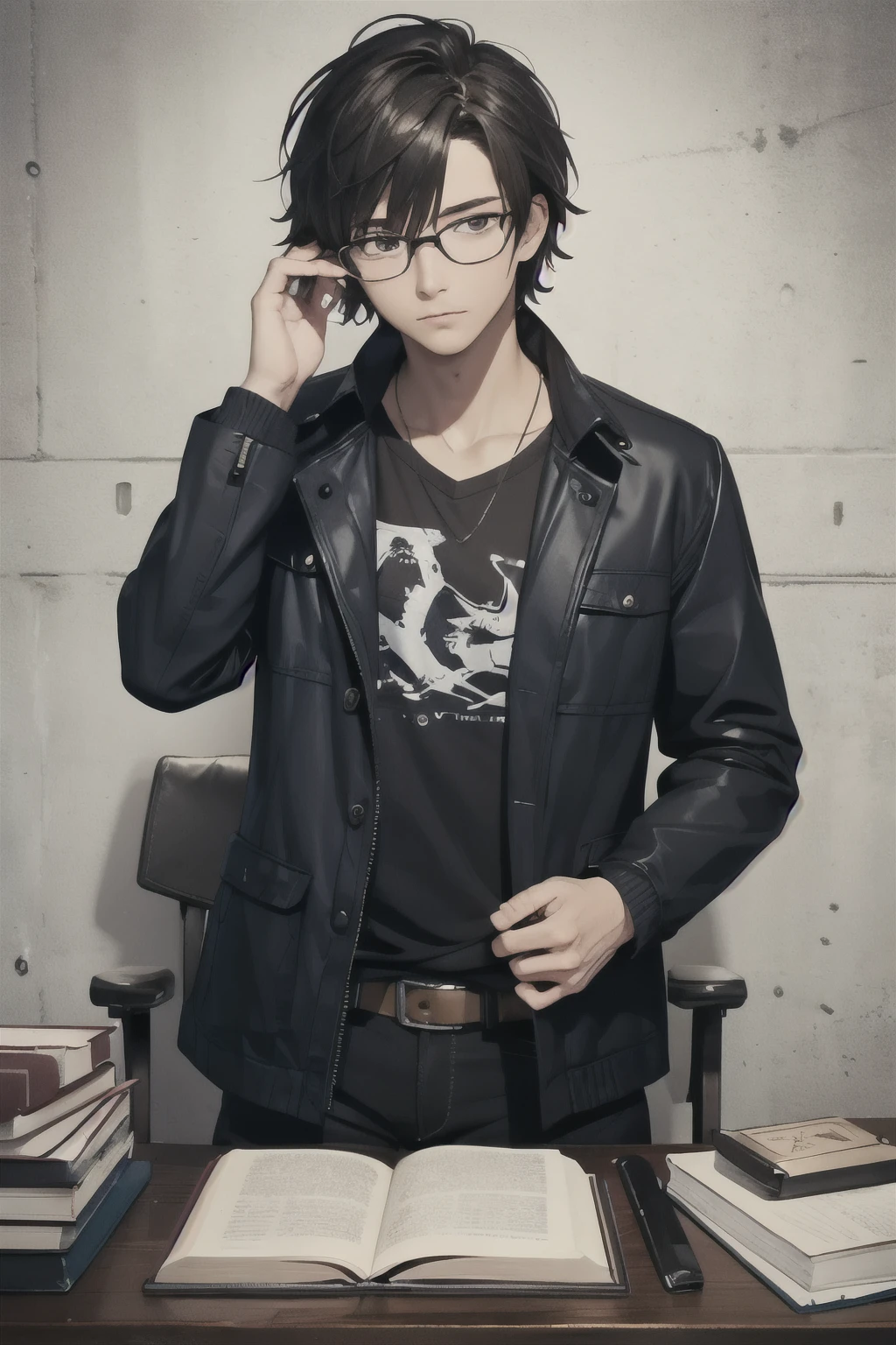 (best quality)), ((masterpiece)), (detailed), male, Gojou, blue eyewear, messy hair, jacket, dark hair, facing front, book cover,