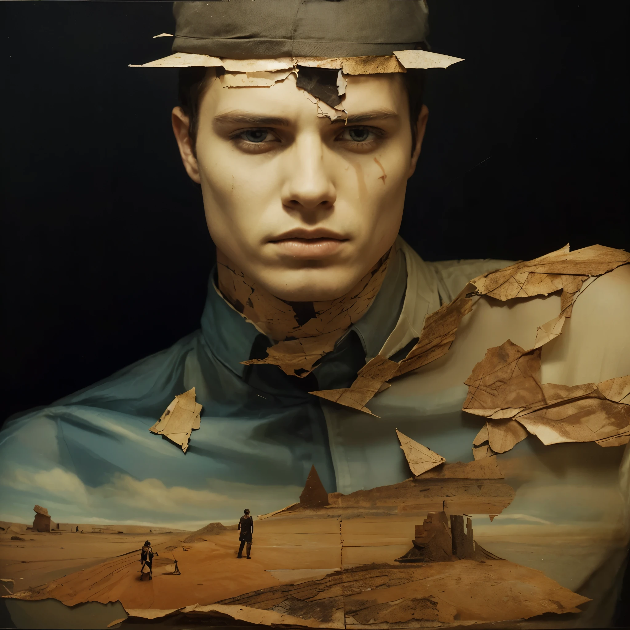 rosto do homem homem jovem e bonito, all sewn together as if they were separate pieces showing the scars, on the table there is a skull head in complex double exposure art by Alex Stoddard, and Brooke Shaden surreal postcard on cracked paper, extremely dynamic, unusual, vintage