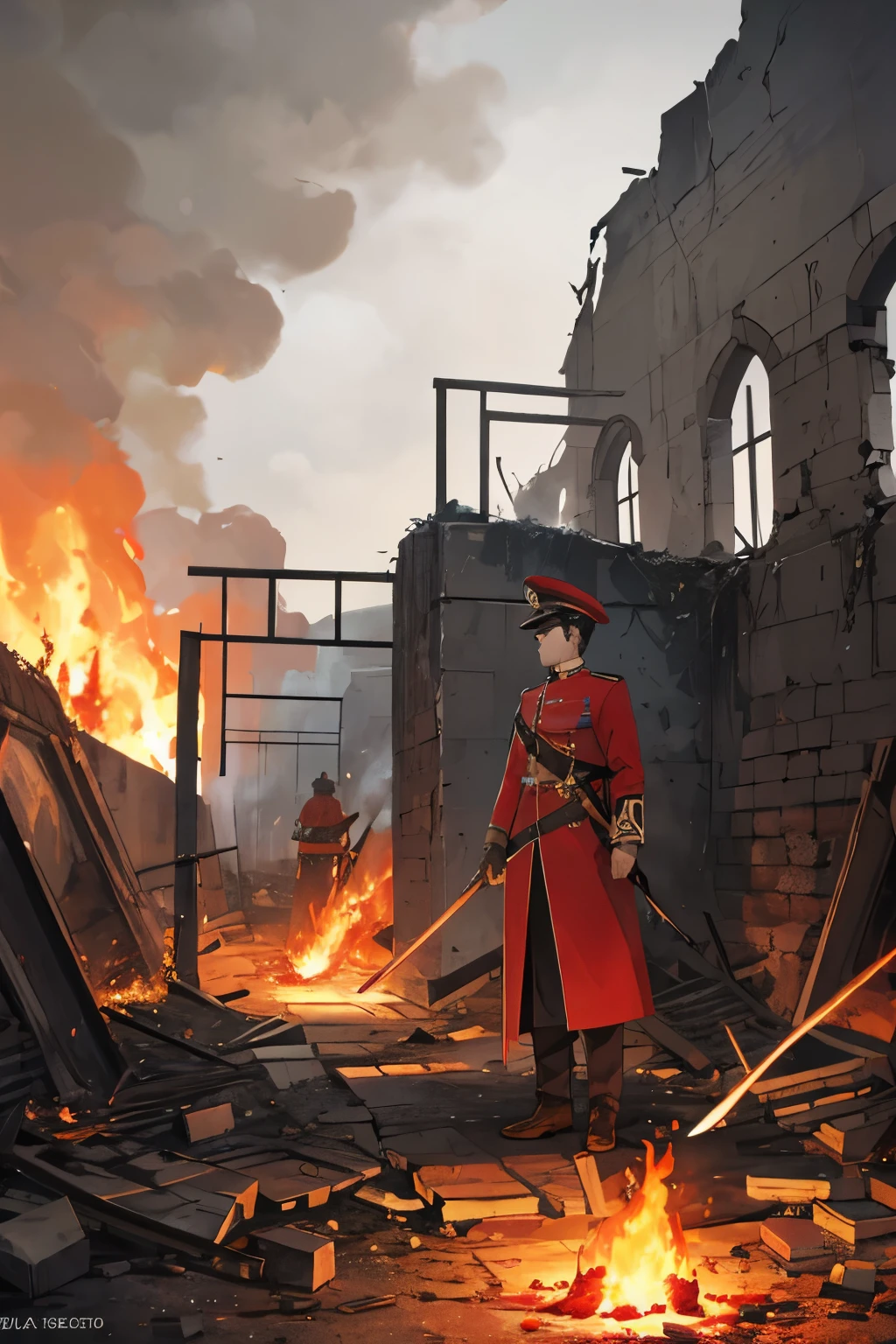A beautiful , holding a flaming sword, stood on the wall of a ruined building. many corpses of royal soldiers and horses. situation after the war. fire and smoke everywhere.