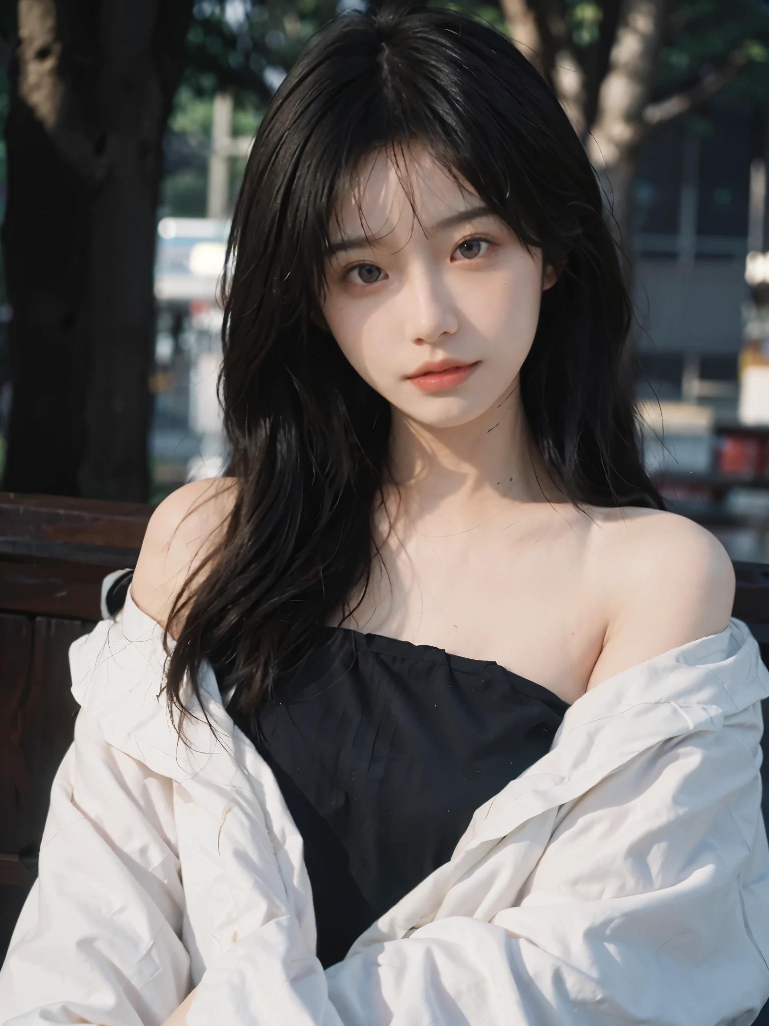 Film portrait photography, 2 girls, bare shoulders, Shoulder length wavy hair, White coat, (Realistic and detailed eyes, natural skin texture, Realistic facial details),, depth of field, Bokeh, Vibrant details, Detailed and detailed, Surrealism, 35mm film, hazy, ,self-shot,