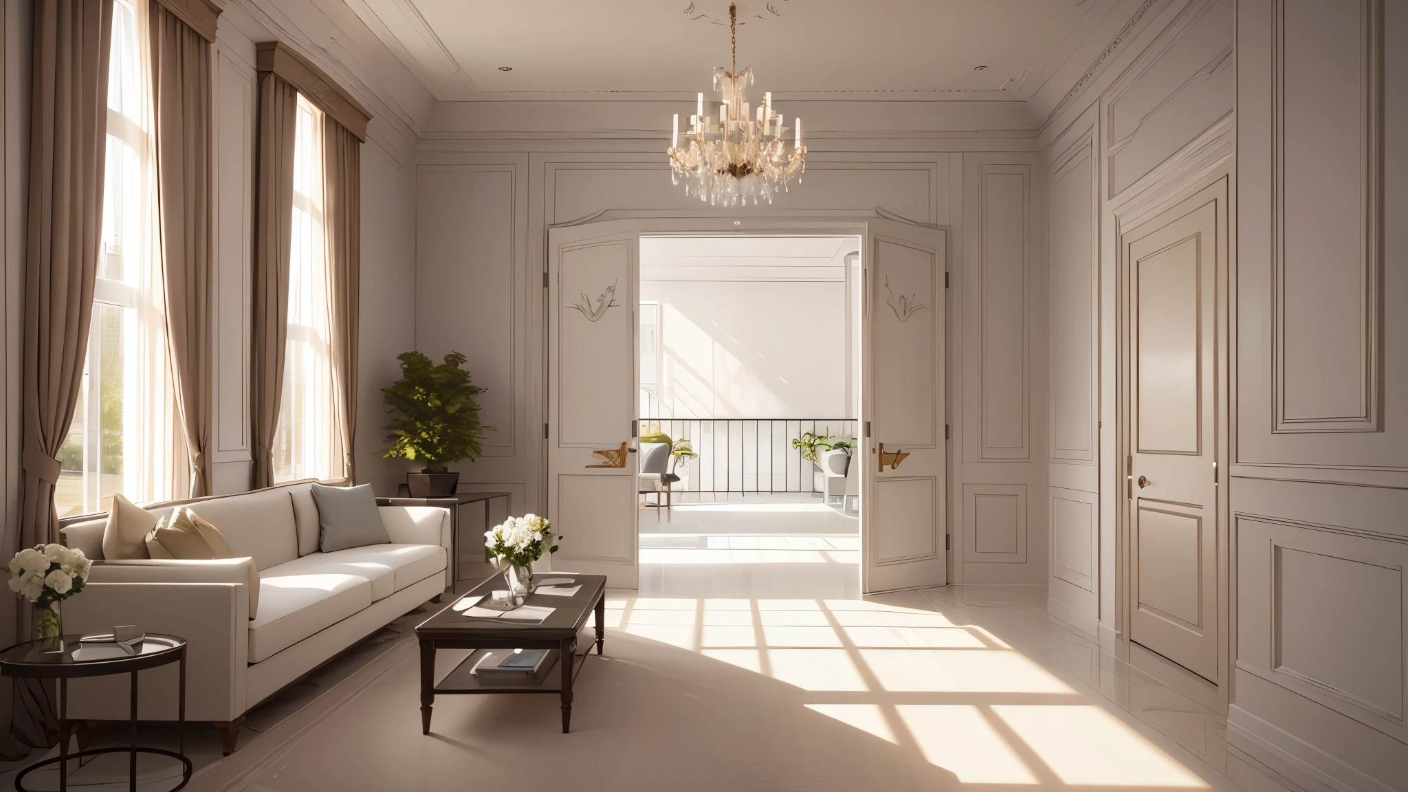You are a famous interior designer、You have been asked to create a 3D image of a modern large room. Create a harmonious environment with modern and minimalist furniture. Including garden interior.