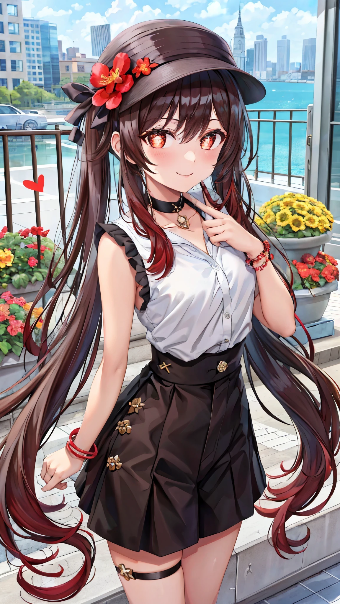 best quality, ultra high resolution, 1 girl, white sleeveless shirt with buttons, Black skirt, Black Choker, Cute, (aegyo sal:1), (long reddish brown hair:1), ((puffy eyes)), look at me, full body, smile at me, red eyes, flower pupils, sweet, beautiful, cute, careful, shy, love me with all your heart