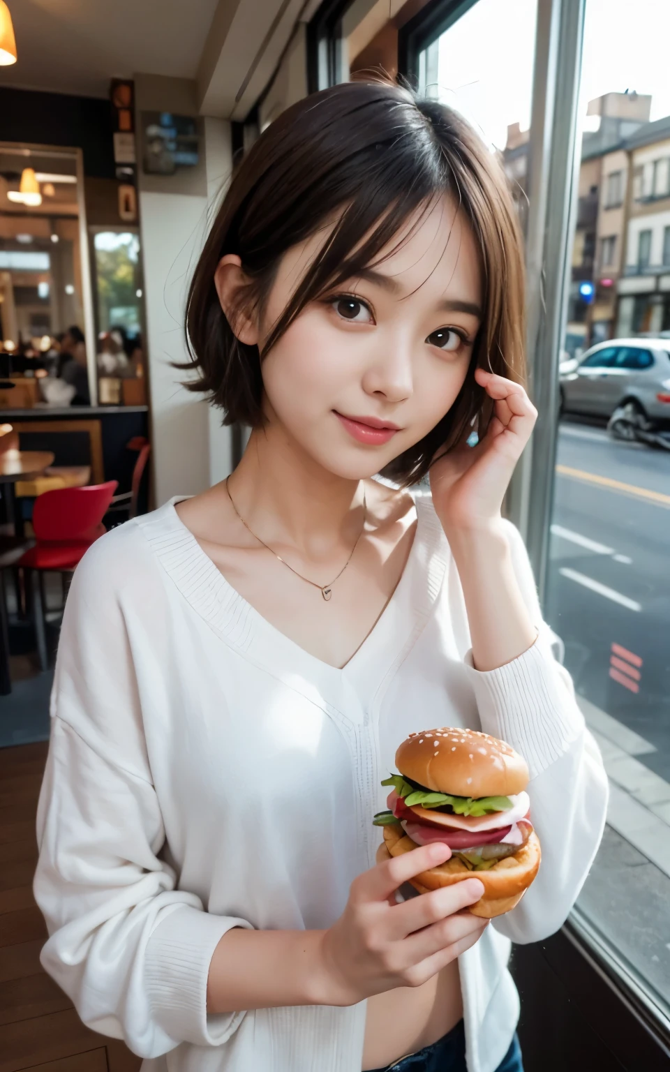 Cute 21 years old Japan、kitchin、cuisine、Tank Tops、Super Detail Face、Eye of Detail、double eyelid、beautiful thin nose、sharp focus:1.2、prety woman:1.4、(light brown hair,Shortcut Hair, ),fair white skin、top-quality、masterpiece、超A high resolution、(Photorealsitic:1.4)、Breakfast、sandwich、
